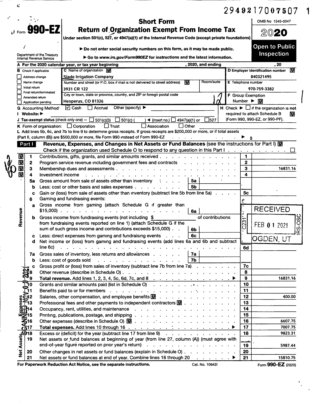 Image of first page of 2020 Form 990EO for Slade Irrigation Company