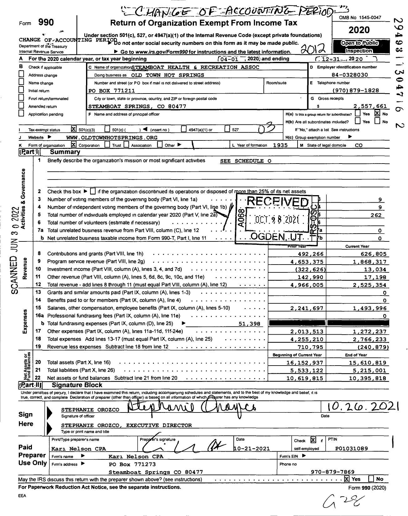 Image of first page of 2020 Form 990 for Old Town Hot Springs