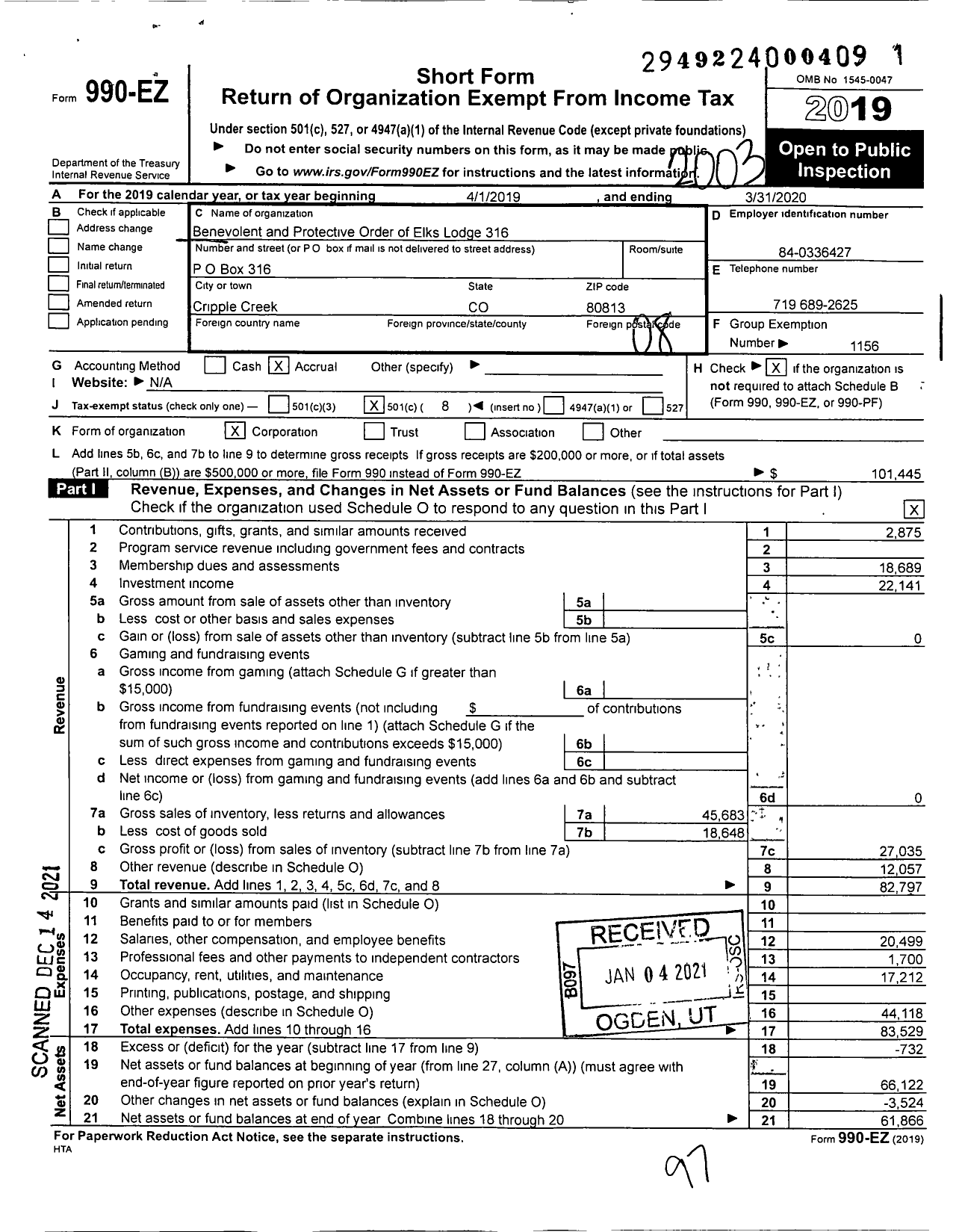 Image of first page of 2019 Form 990EO for Benevolent and Protective Order of Elks - 316 Cripple Creek