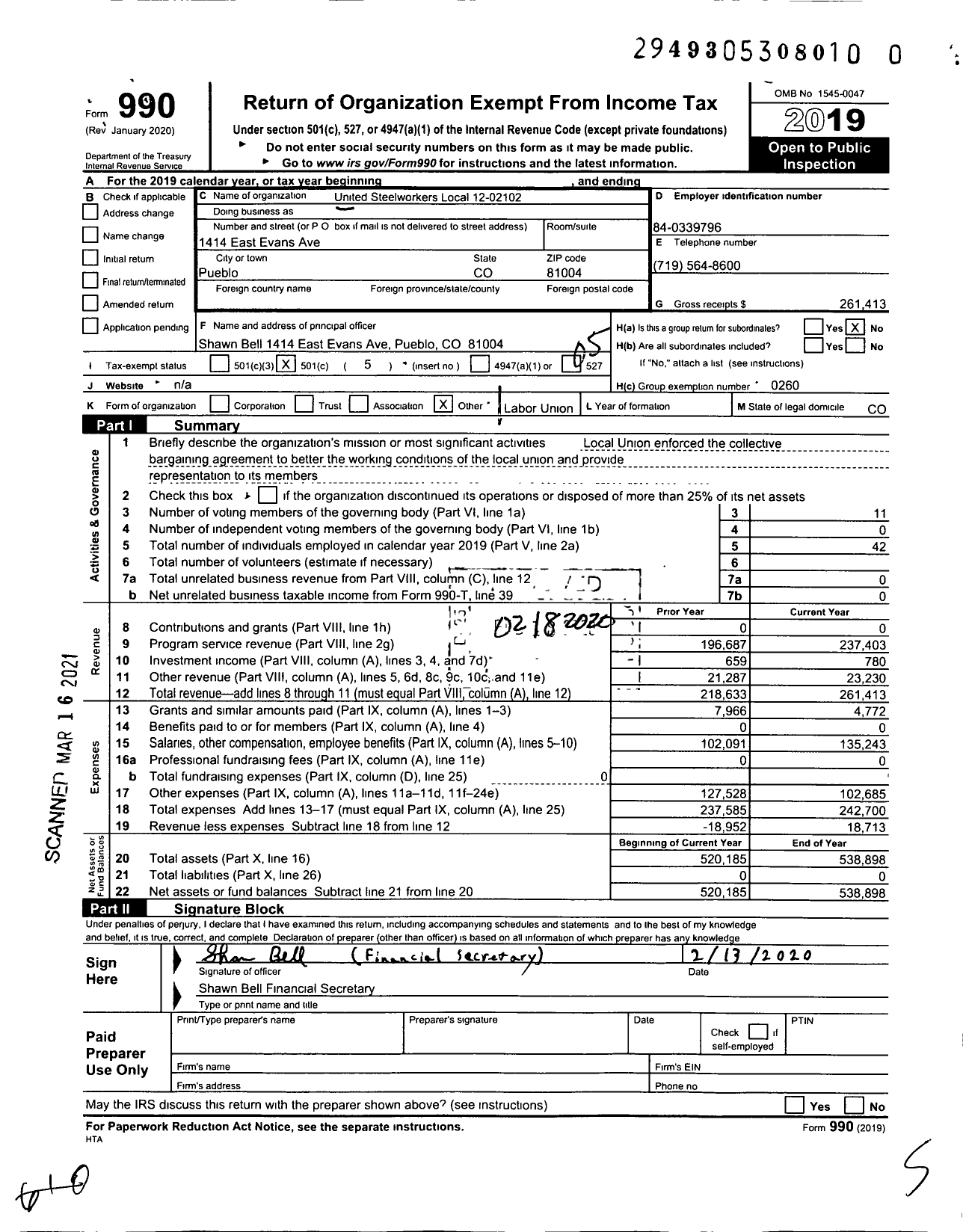 Image of first page of 2019 Form 990O for United Steelworkers - 2102 Local