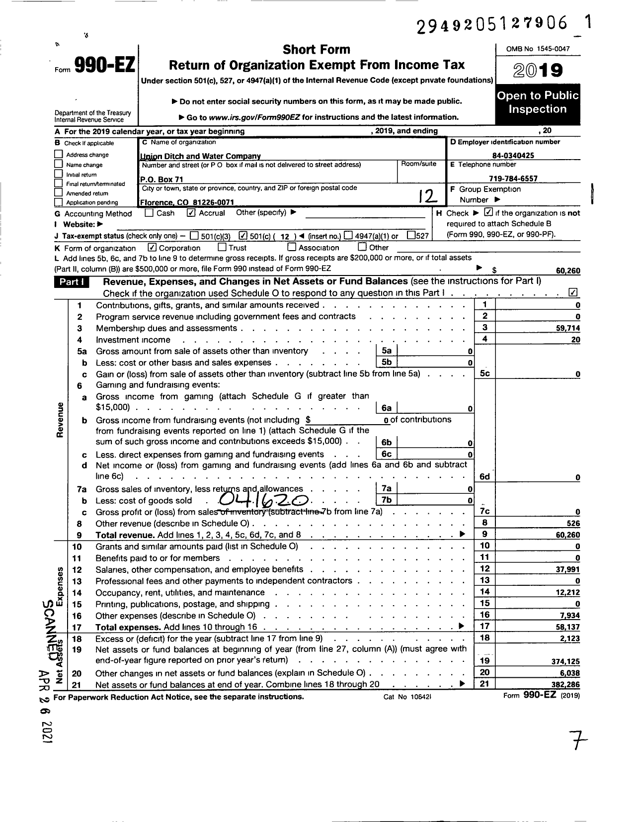 Image of first page of 2019 Form 990EO for Union Ditch and Water Company