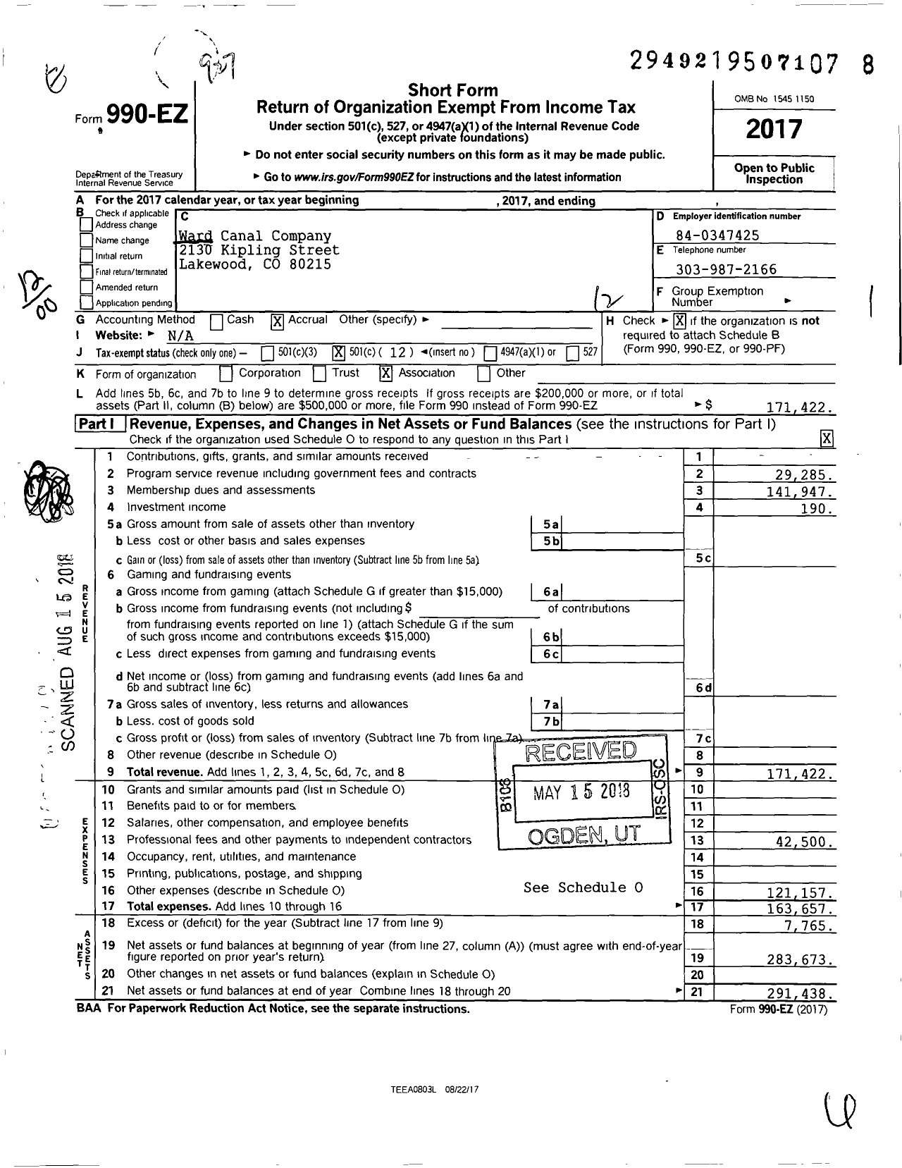 Image of first page of 2017 Form 990EO for Ward Canal Company