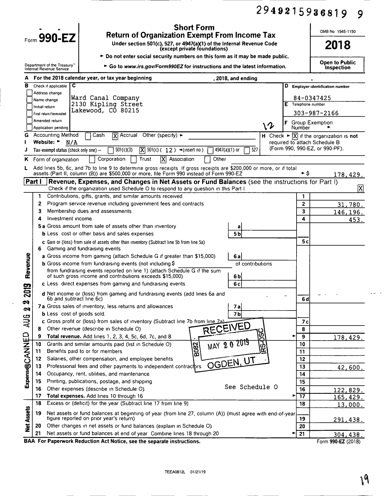 Image of first page of 2018 Form 990EO for Ward Canal Company