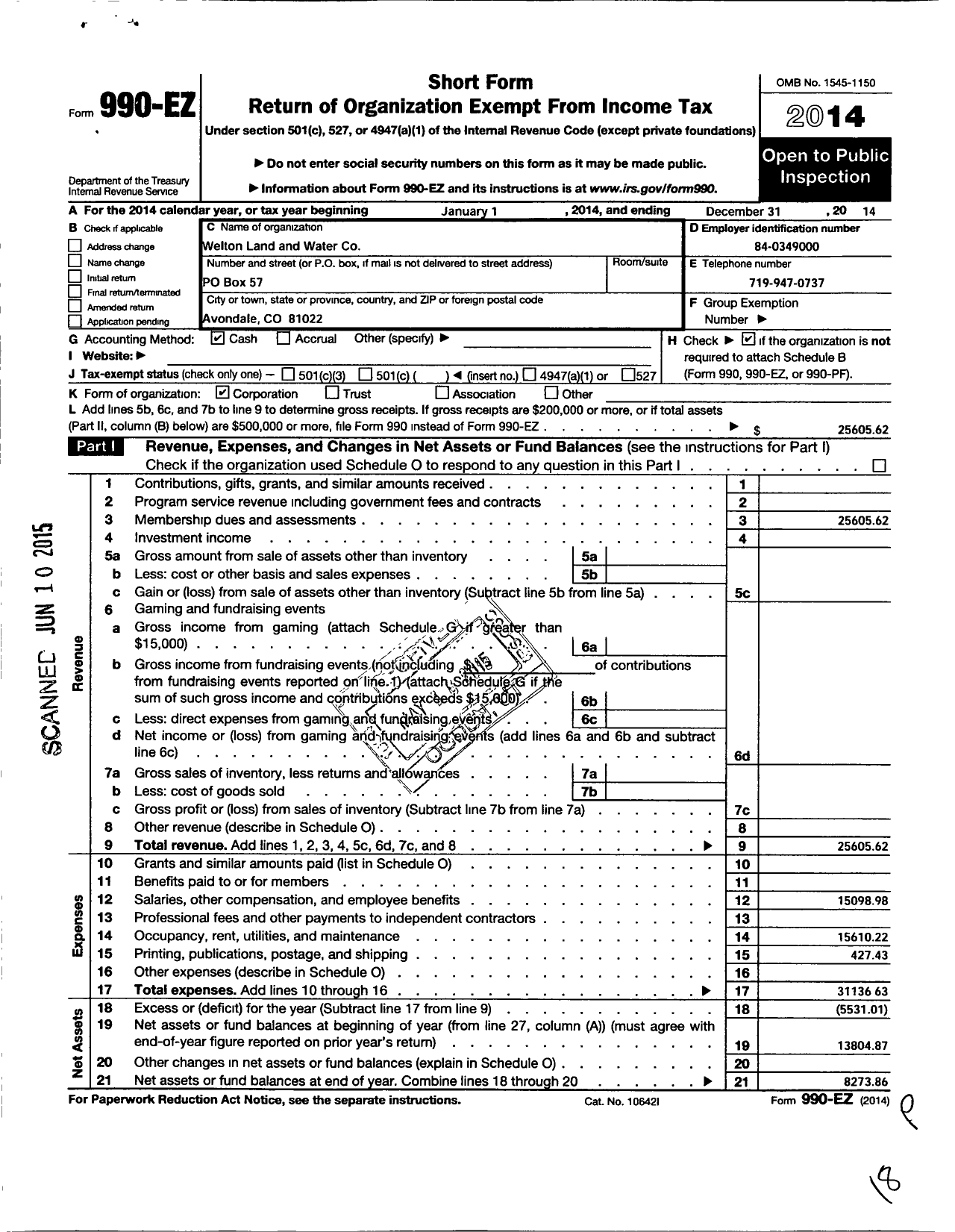 Image of first page of 2014 Form 990EO for Welton Land and Water Company