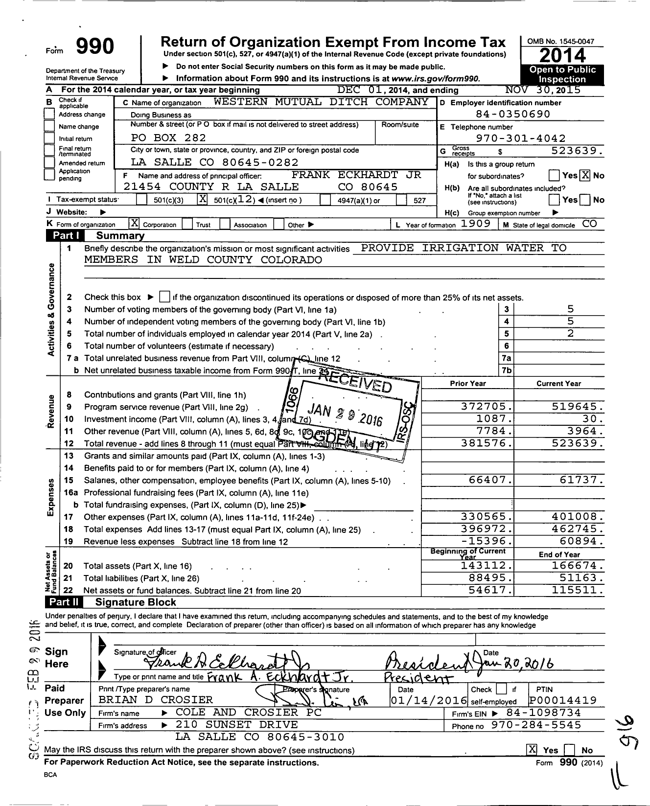 Image of first page of 2014 Form 990O for Western Mutual Ditch Company