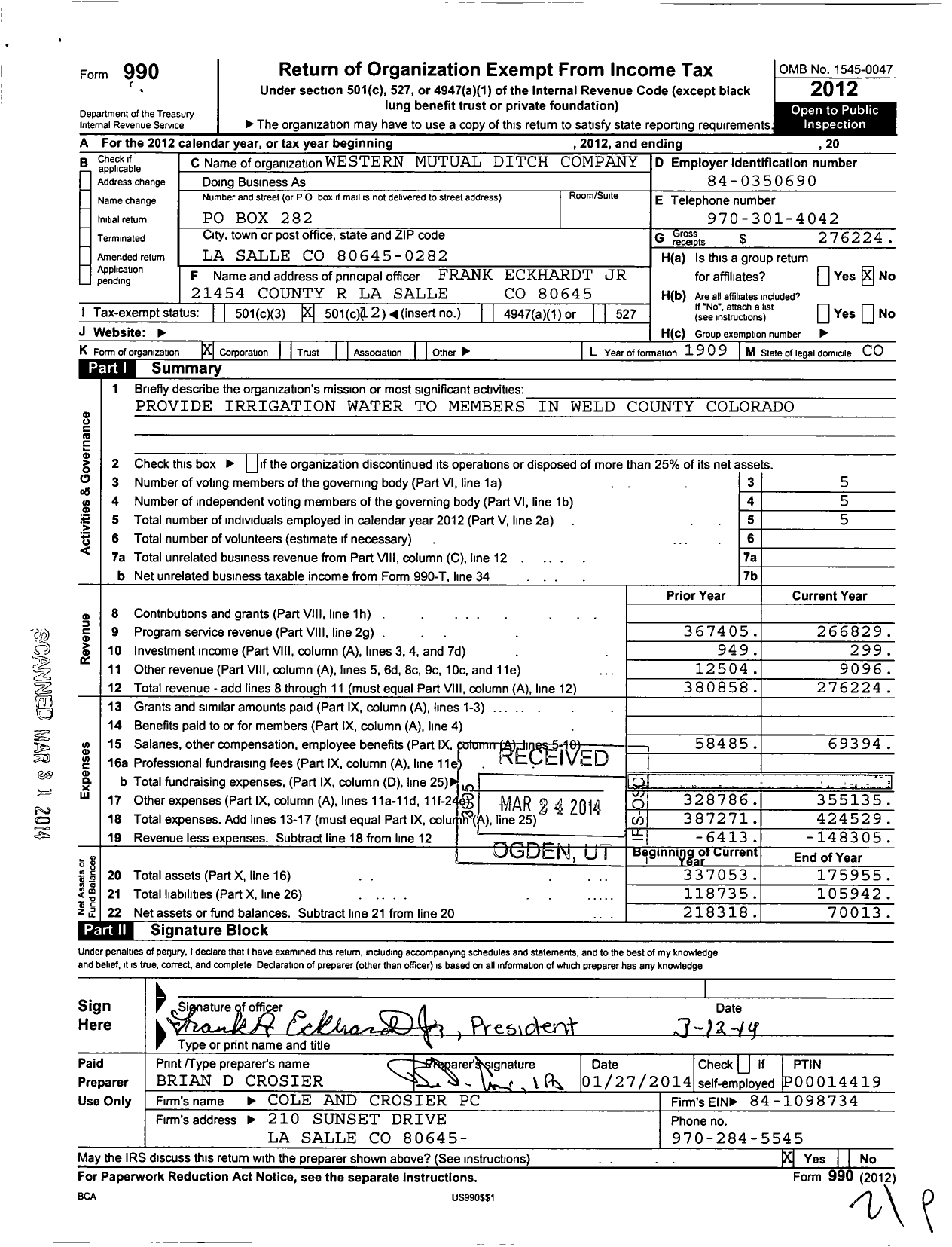 Image of first page of 2012 Form 990O for Western Mutual Ditch Company