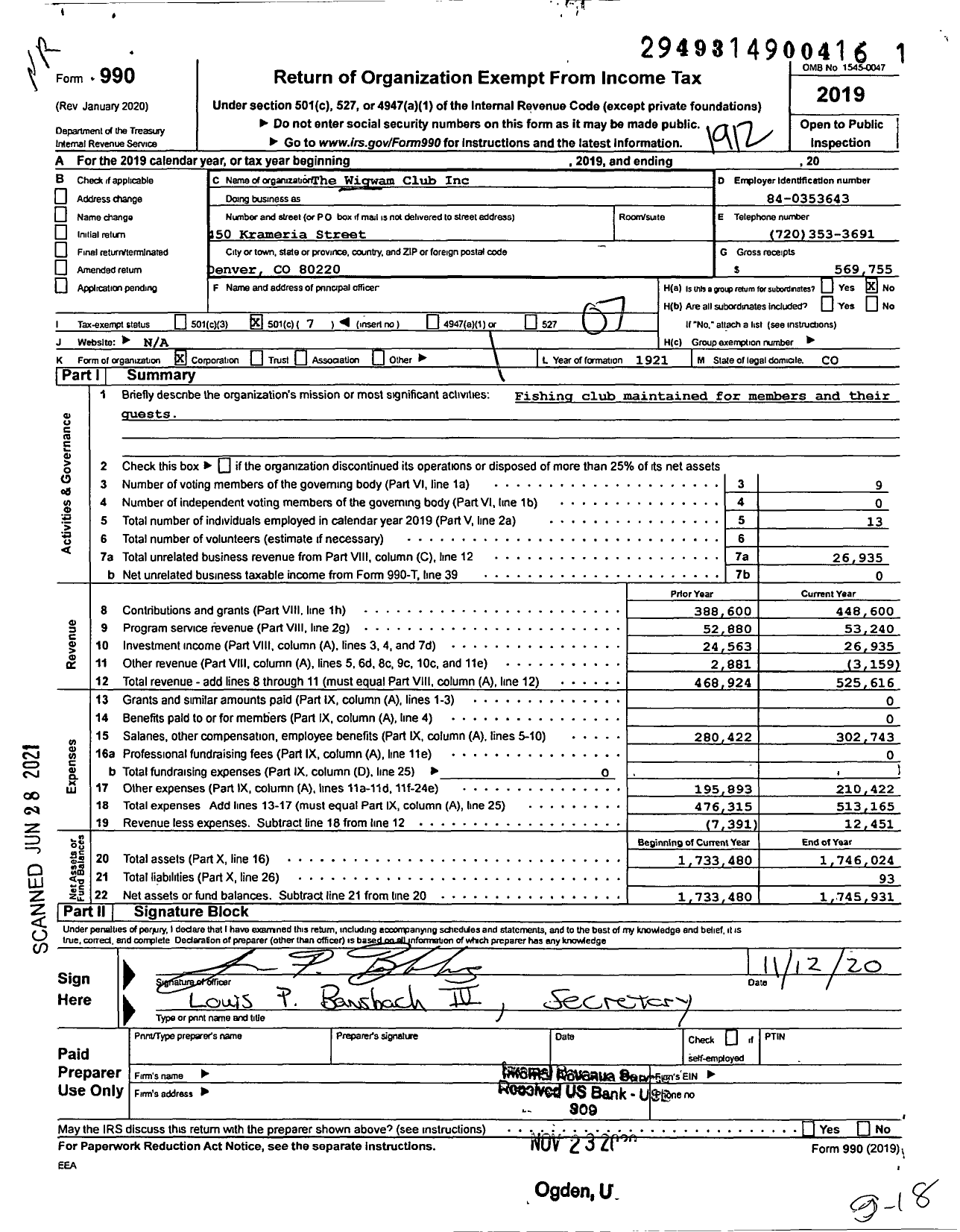 Image of first page of 2019 Form 990O for The Wigwam Club