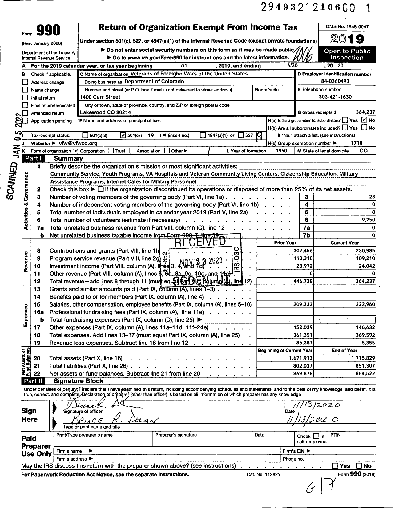 Image of first page of 2019 Form 990O for Department of Colorado