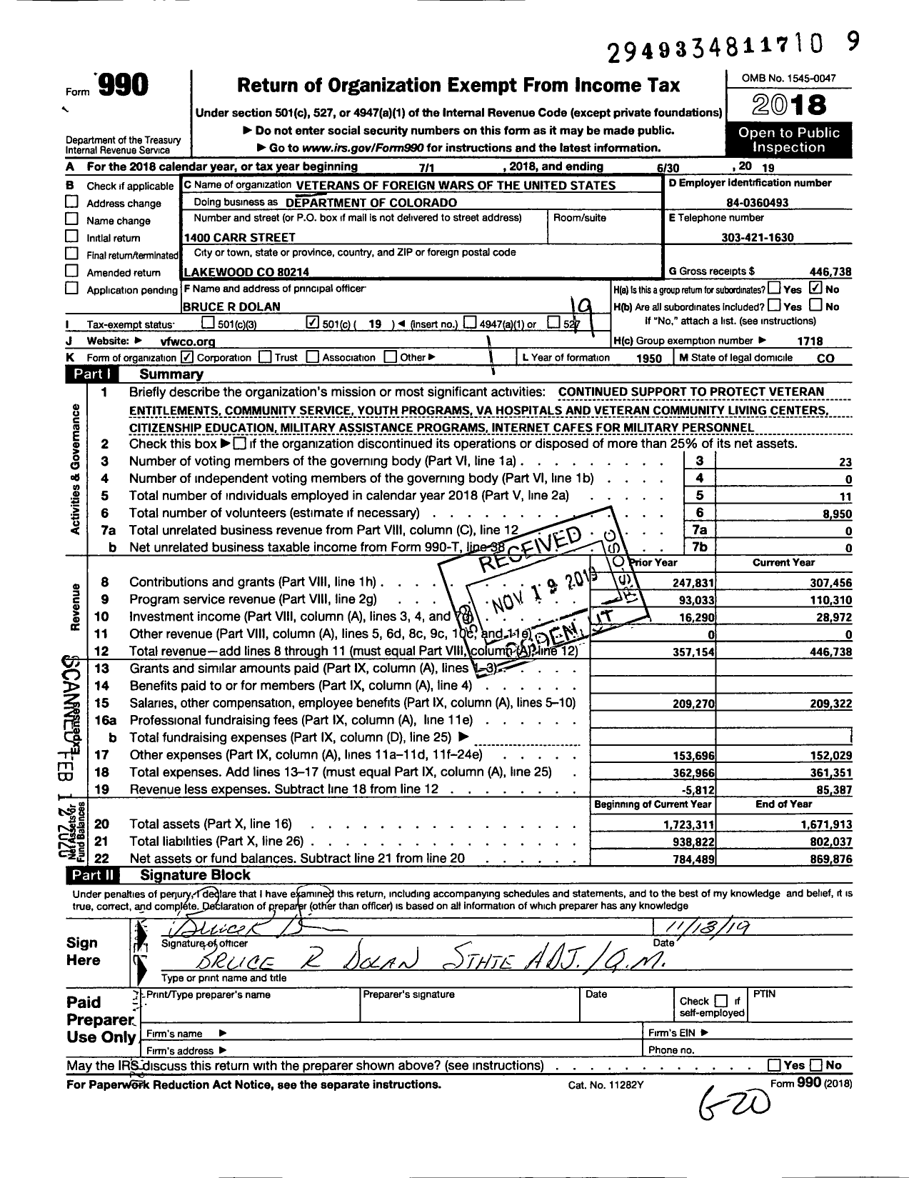 Image of first page of 2018 Form 990O for Department of Colorado