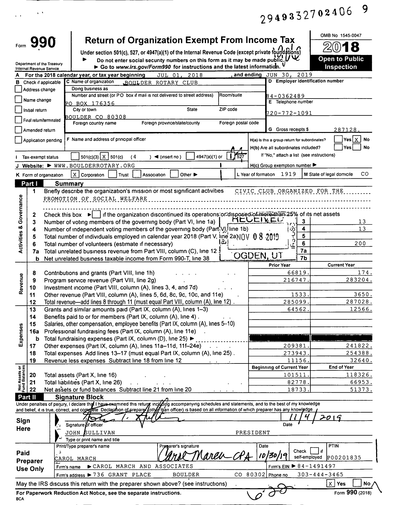 Image of first page of 2018 Form 990O for Rotary International - Boulder Rotary