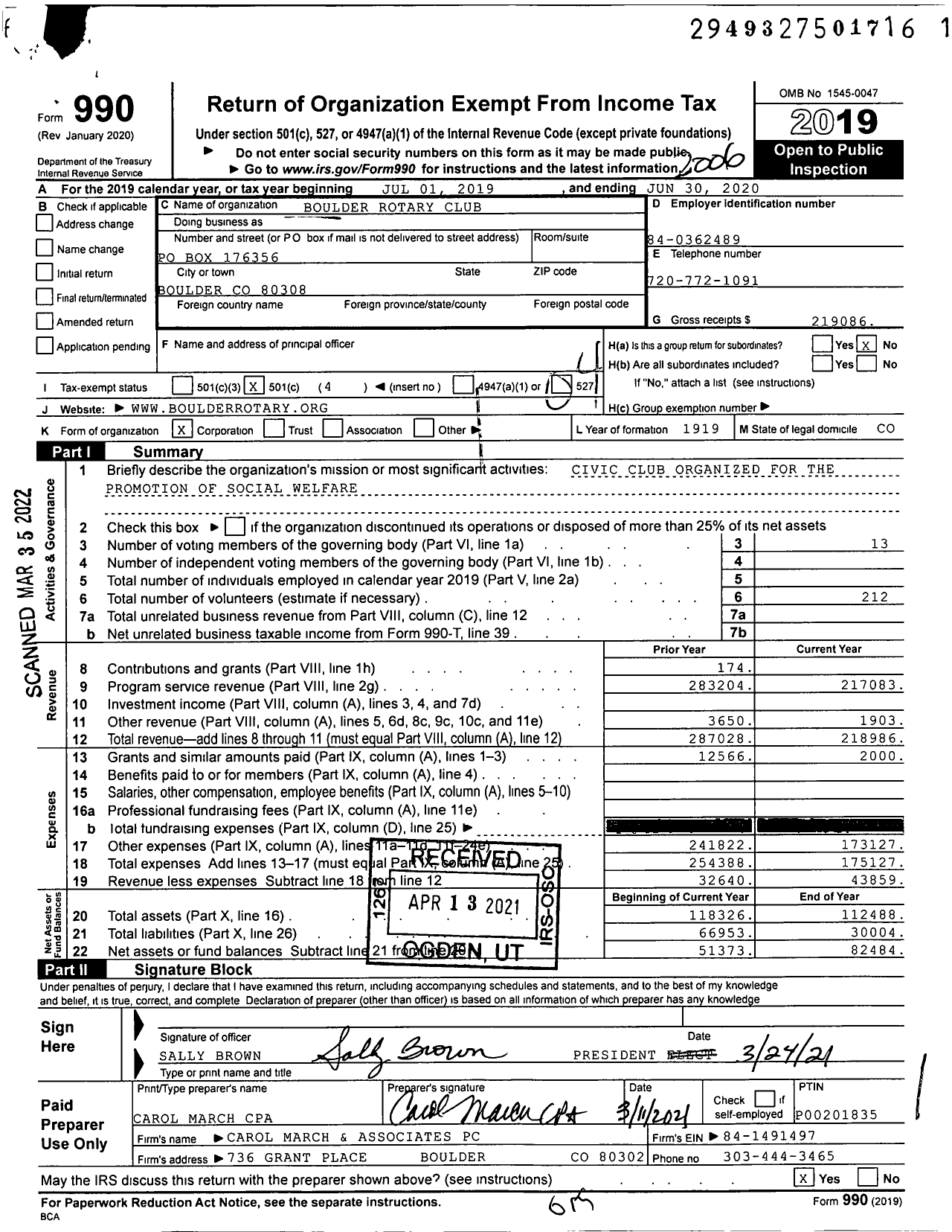 Image of first page of 2019 Form 990O for Rotary International - Boulder Rotary