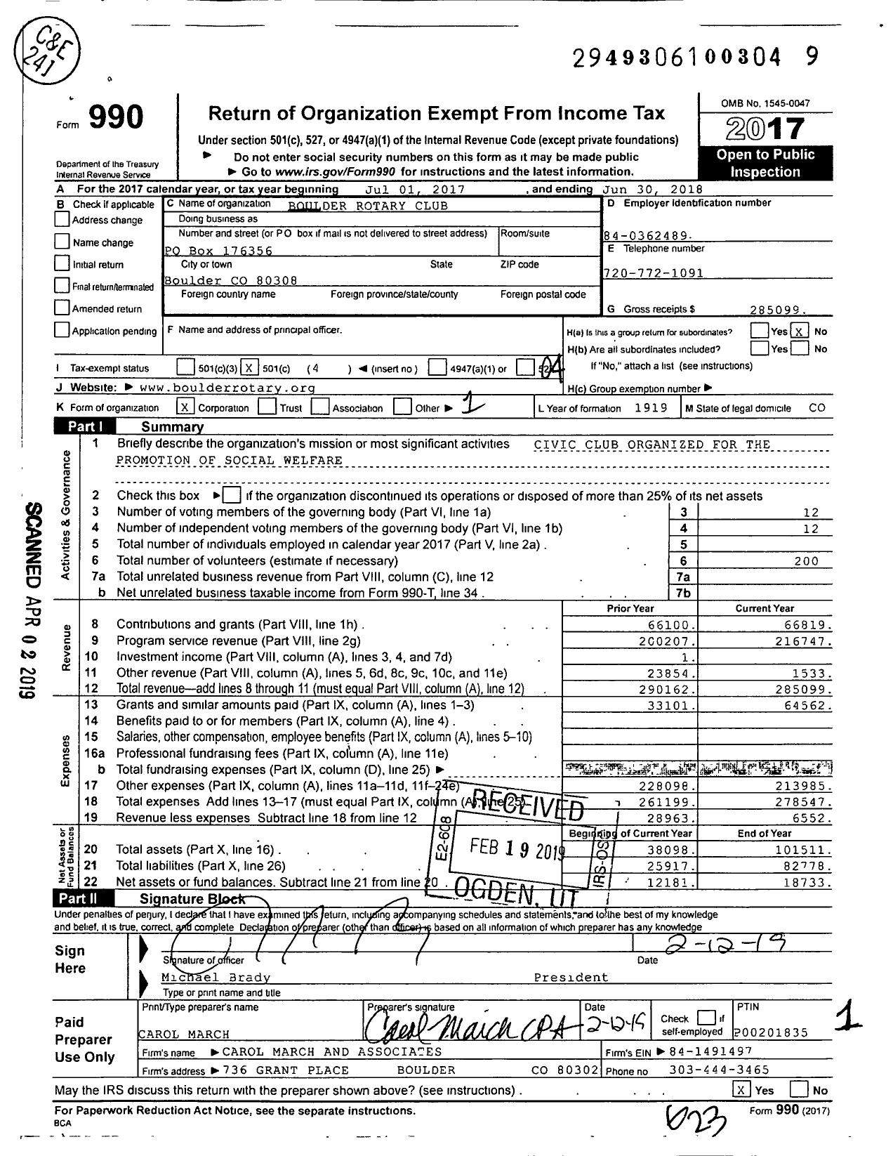 Image of first page of 2017 Form 990O for Rotary International - Boulder Rotary