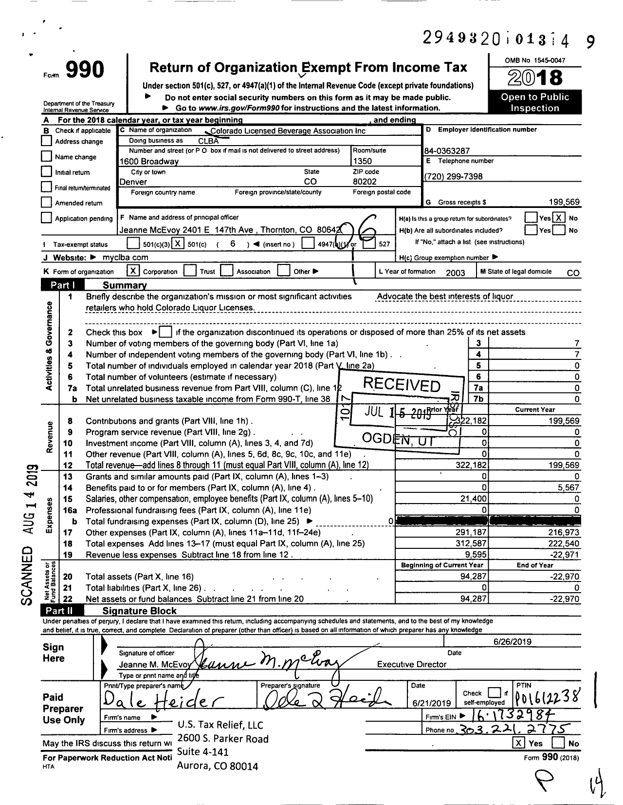 Image of first page of 2018 Form 990O for Colorado Licensed Beverage Association (CLBA)