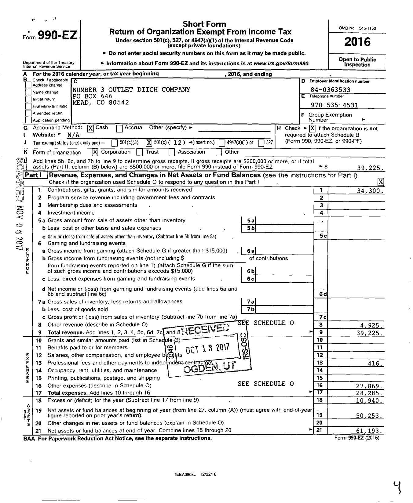 Image of first page of 2016 Form 990EO for Number 3 Outlet Ditch Company