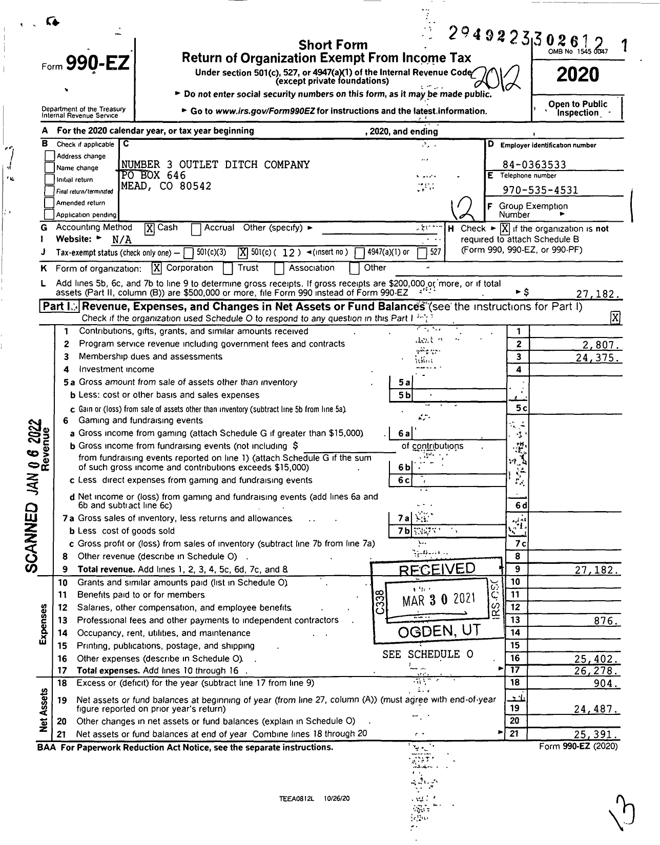 Image of first page of 2020 Form 990EO for Number 3 Outlet Ditch Company