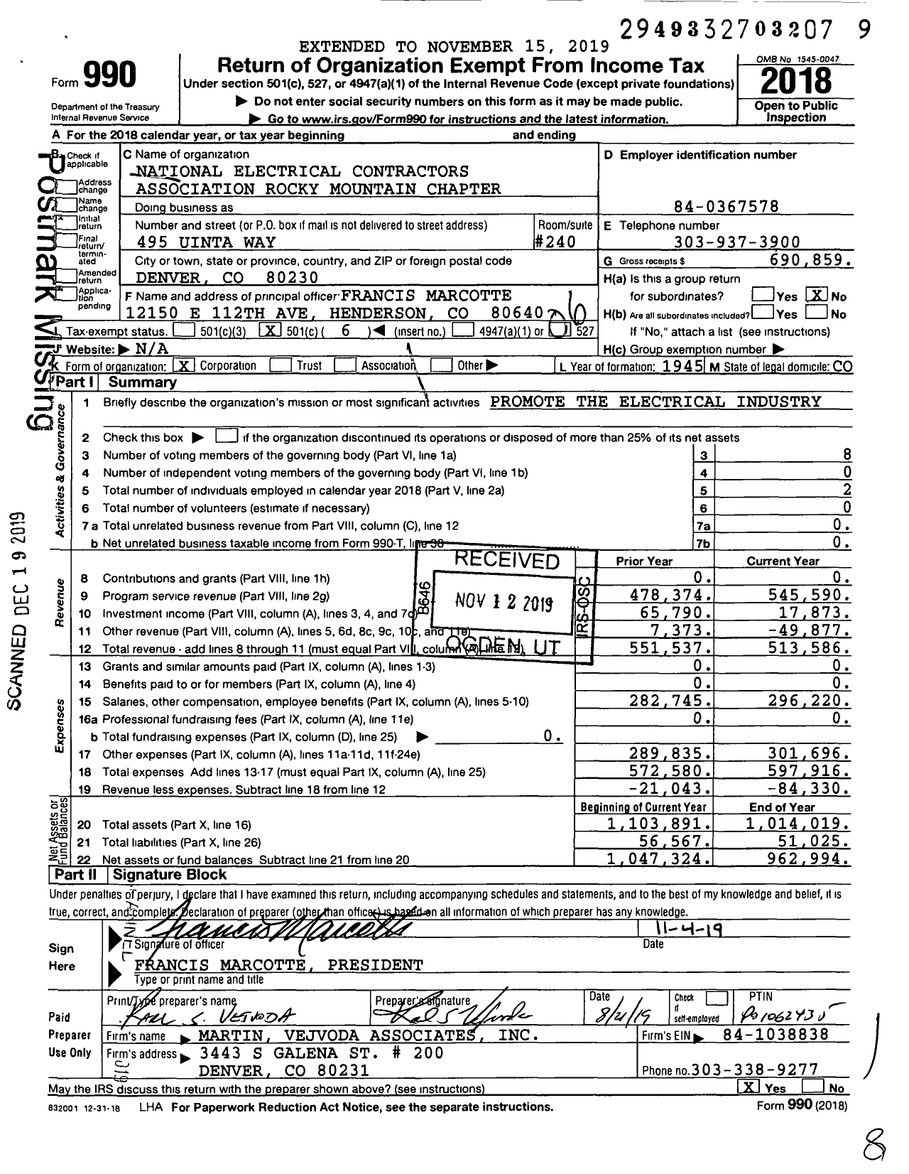 Image of first page of 2018 Form 990O for National Electrical Contractors Association Rocky Mountain Chapter