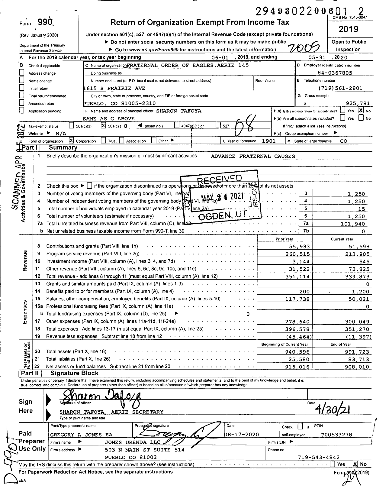 Image of first page of 2019 Form 990O for Fraternal Order of Eagles - 145 Aerie