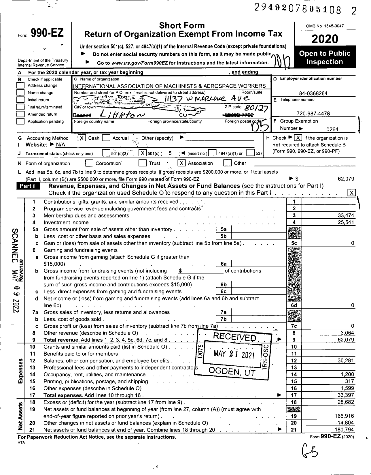 Image of first page of 2020 Form 990EO for International Association of Machinists and Aerospace Workers - 1338