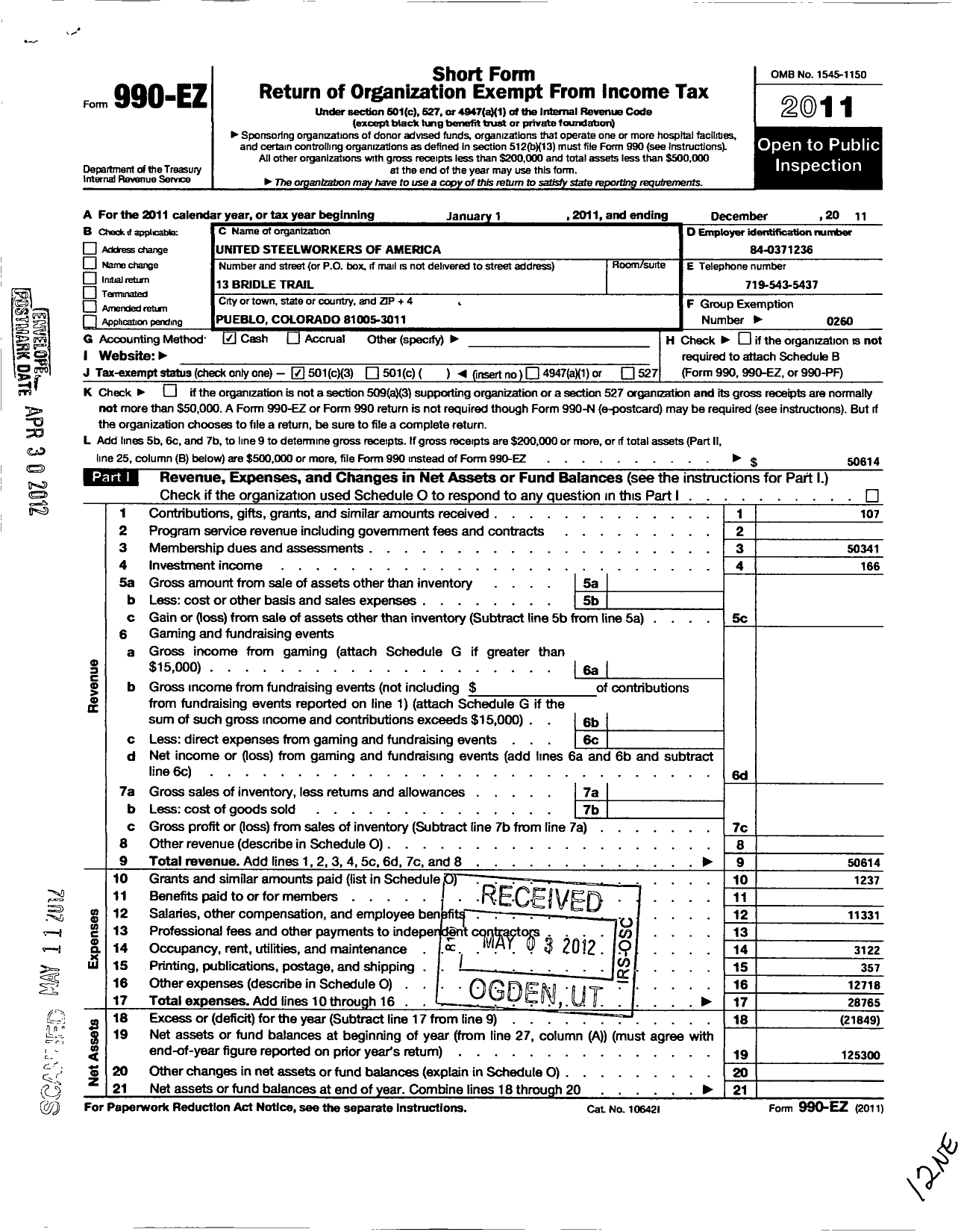 Image of first page of 2011 Form 990EZ for United Steelworkers - 03267 Local