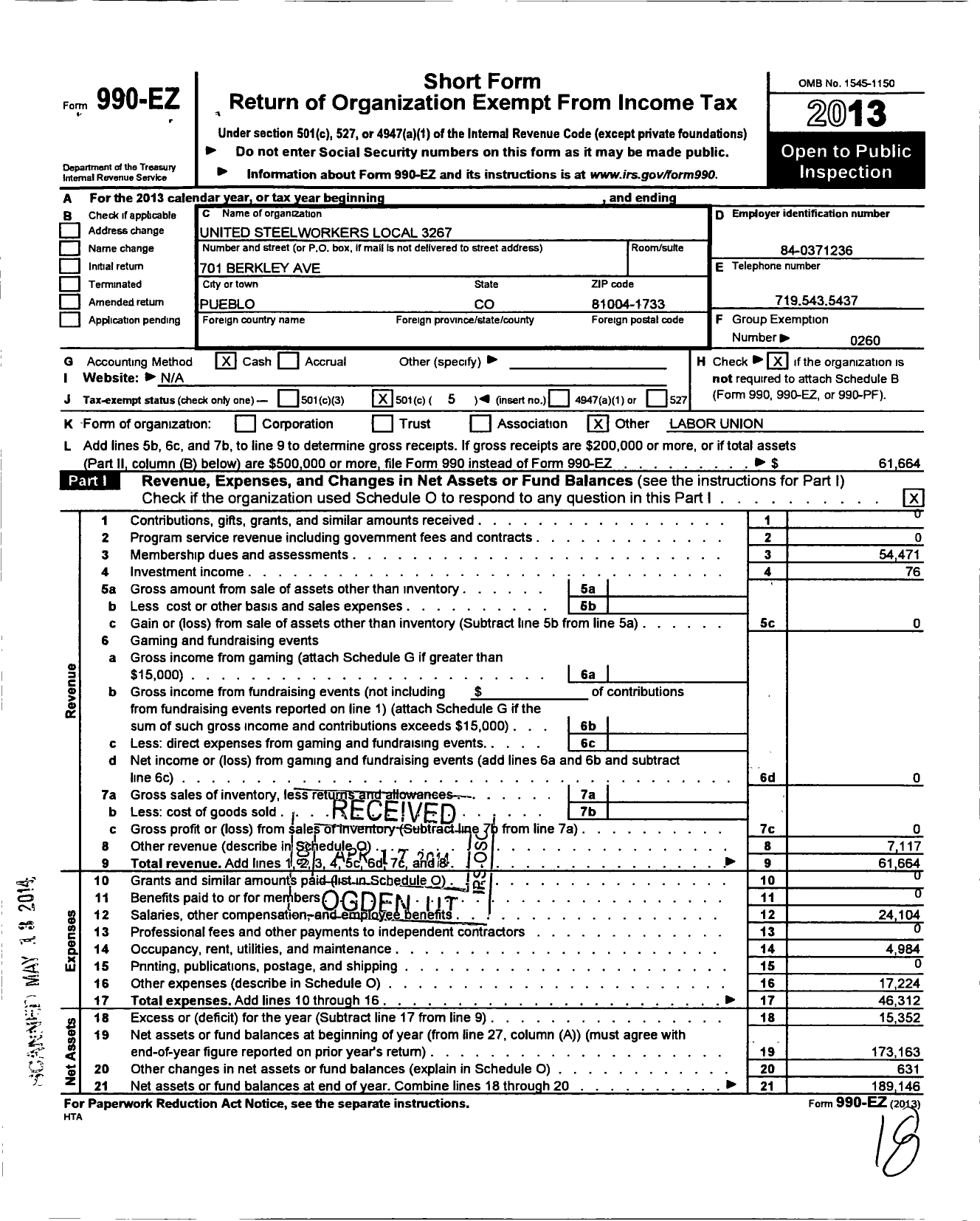 Image of first page of 2013 Form 990EO for United Steelworkers - 03267 Local