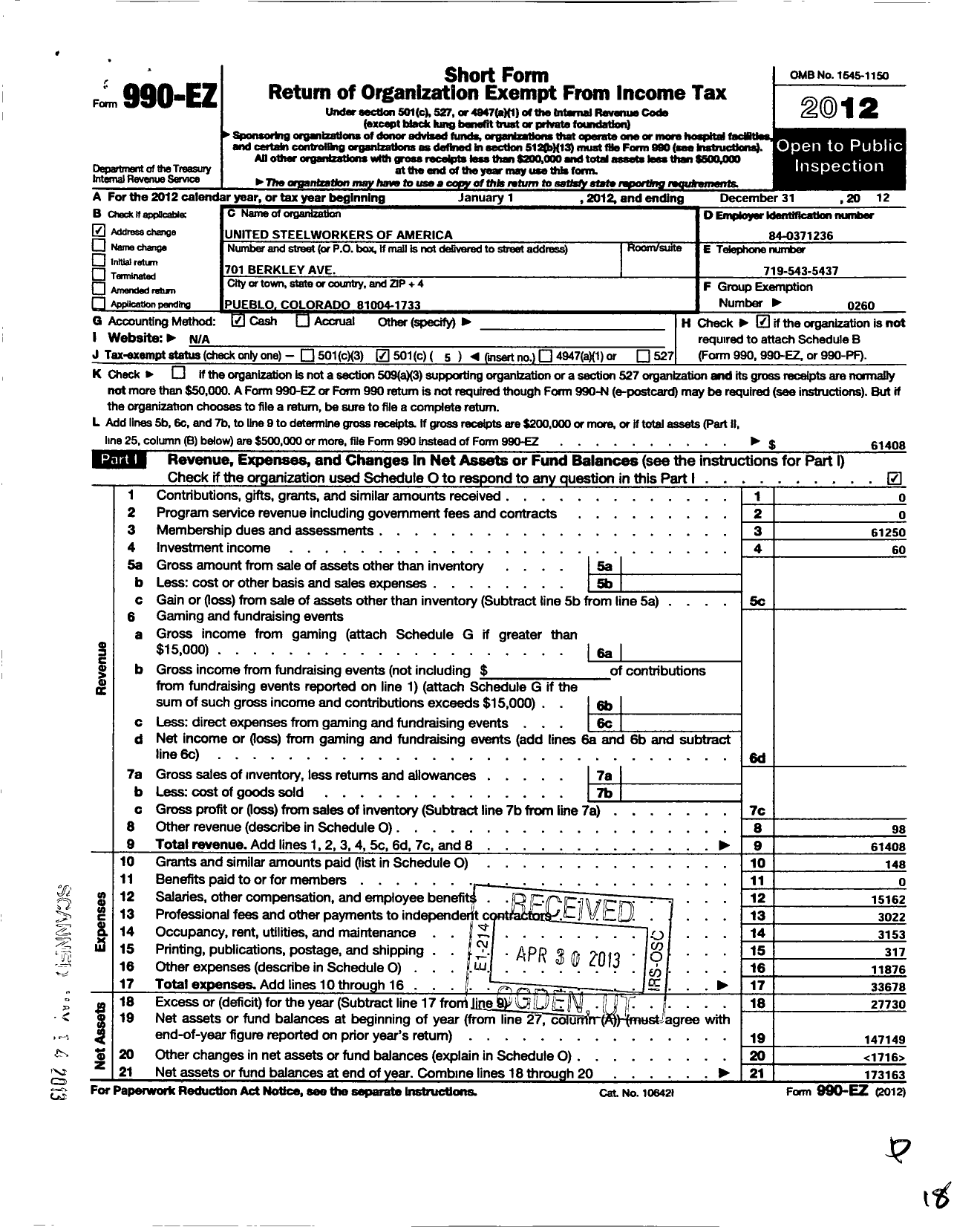 Image of first page of 2012 Form 990EO for United Steelworkers - 03267 Local