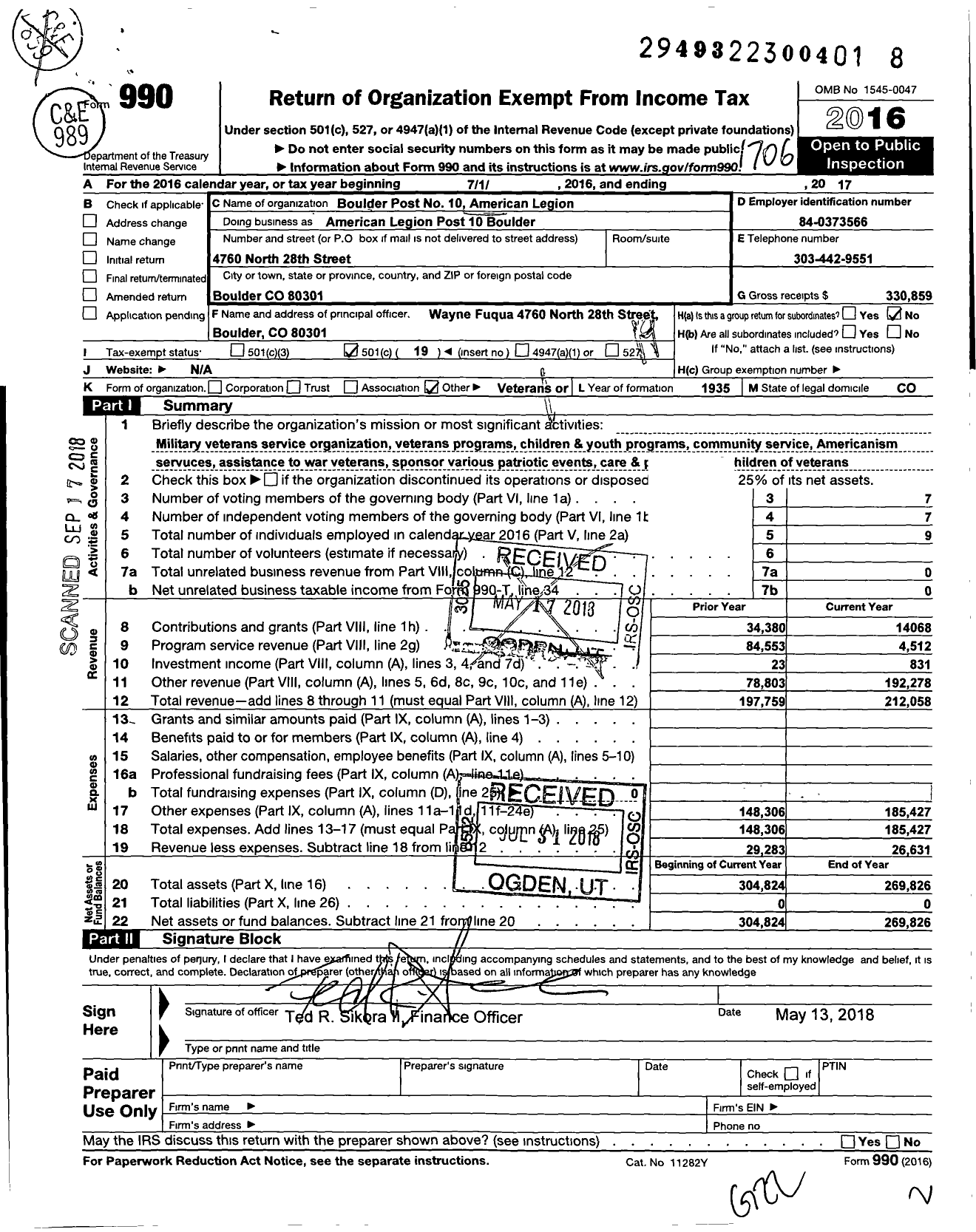 Image of first page of 2016 Form 990O for American Legion - 10 Boulder