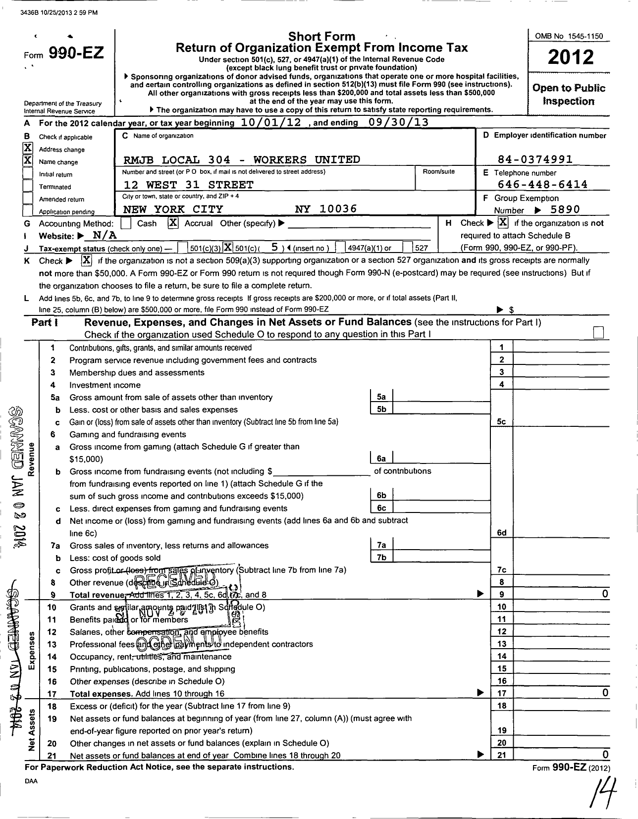 Image of first page of 2012 Form 990EO for Workers United - 304 Local