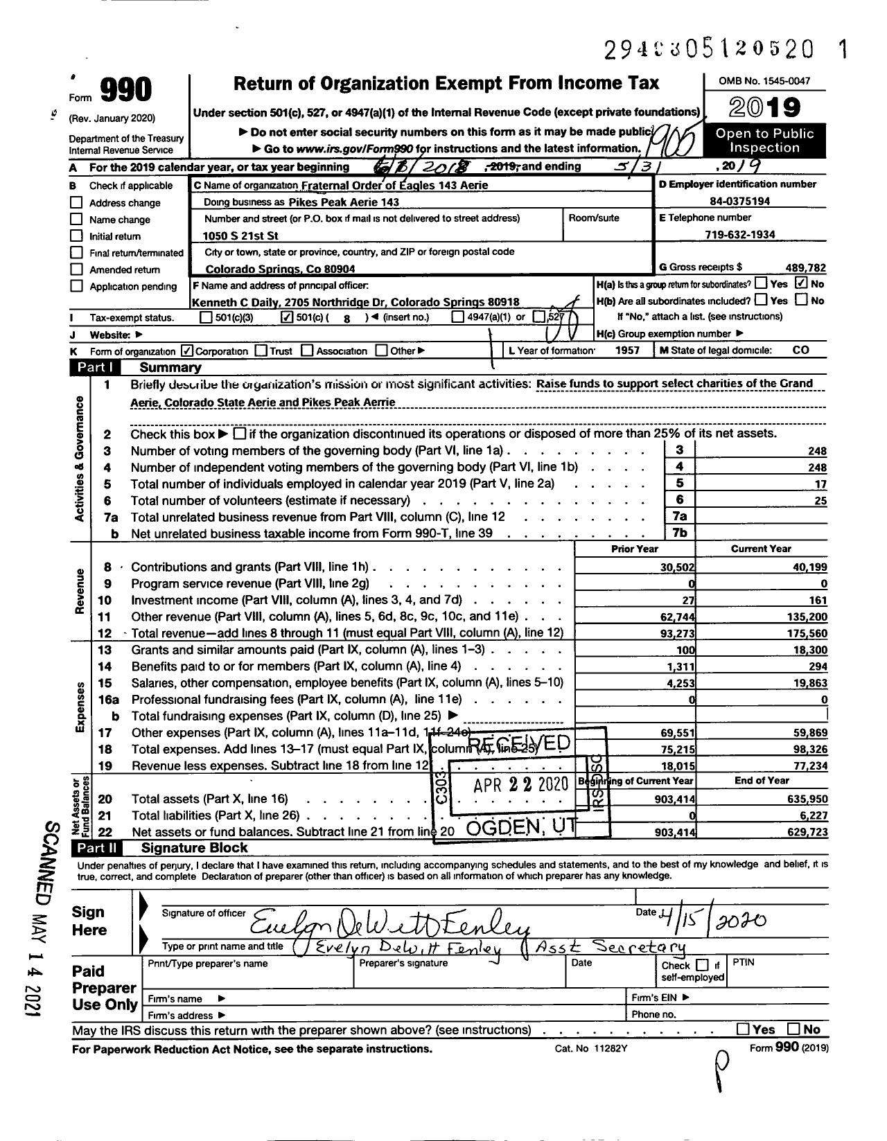 Image of first page of 2018 Form 990O for Fraternal Order of Eagles - Fraternal Order of the Eagles Aerie No 143