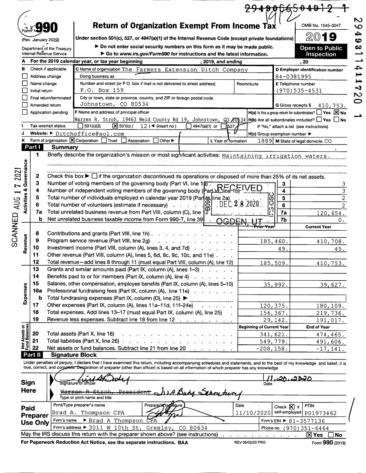 Image of first page of 2019 Form 990O for The Farmers Extension Ditch Company