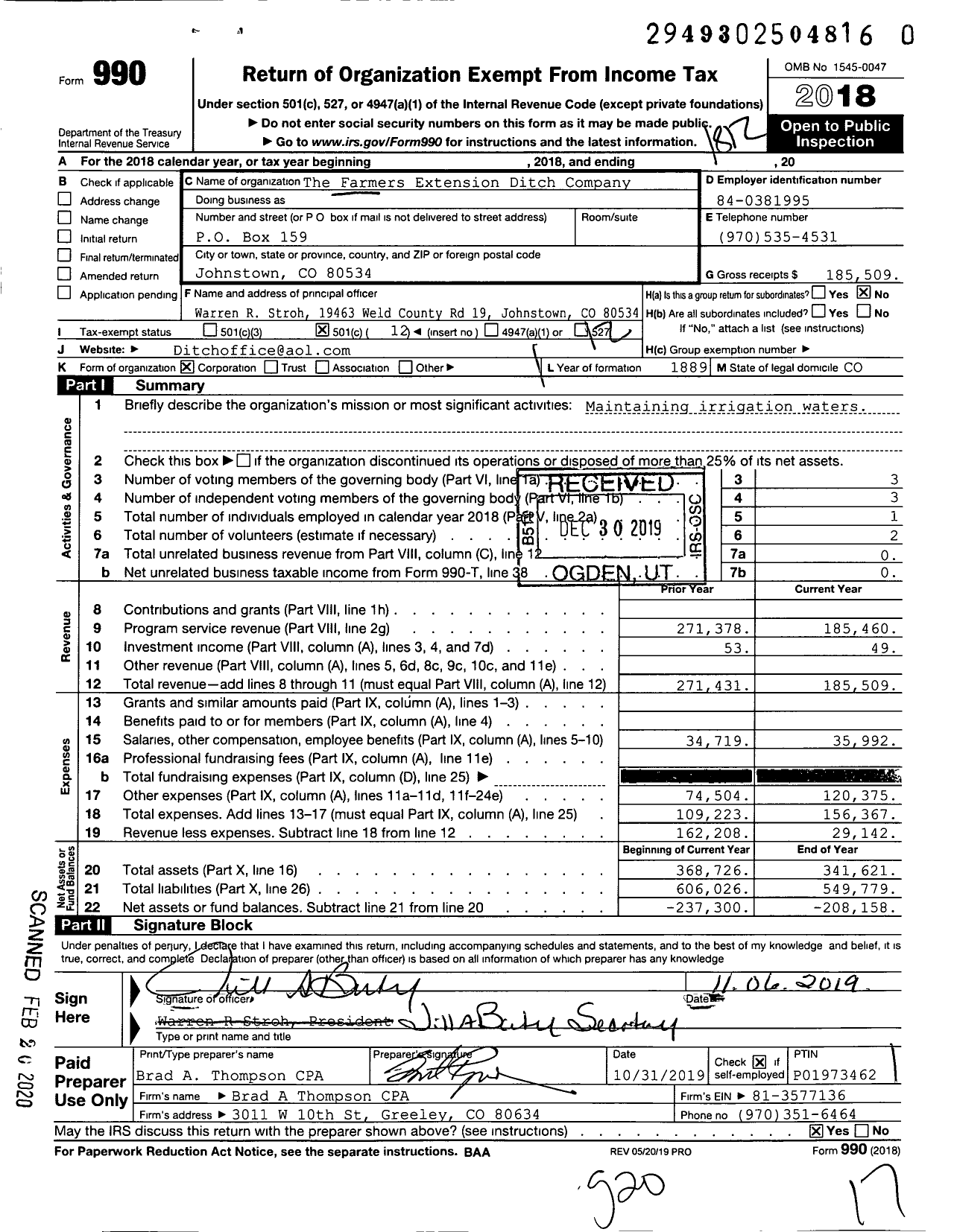 Image of first page of 2018 Form 990O for The Farmers Extension Ditch Company