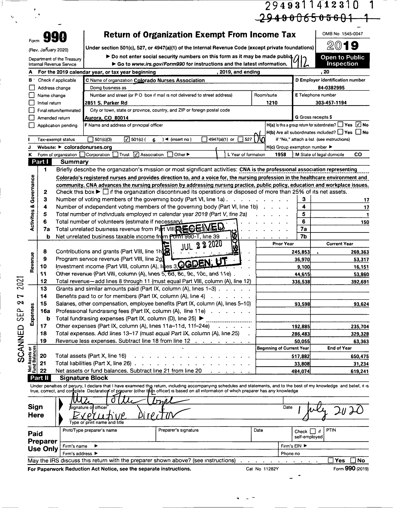 Image of first page of 2019 Form 990O for Colorado Nurses Association