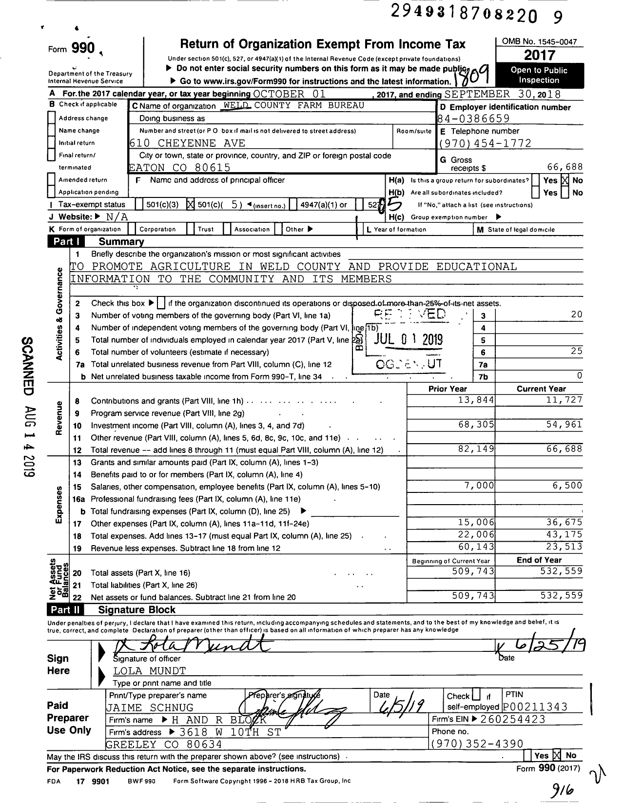 Image of first page of 2017 Form 990O for Weld County Farm Bureau