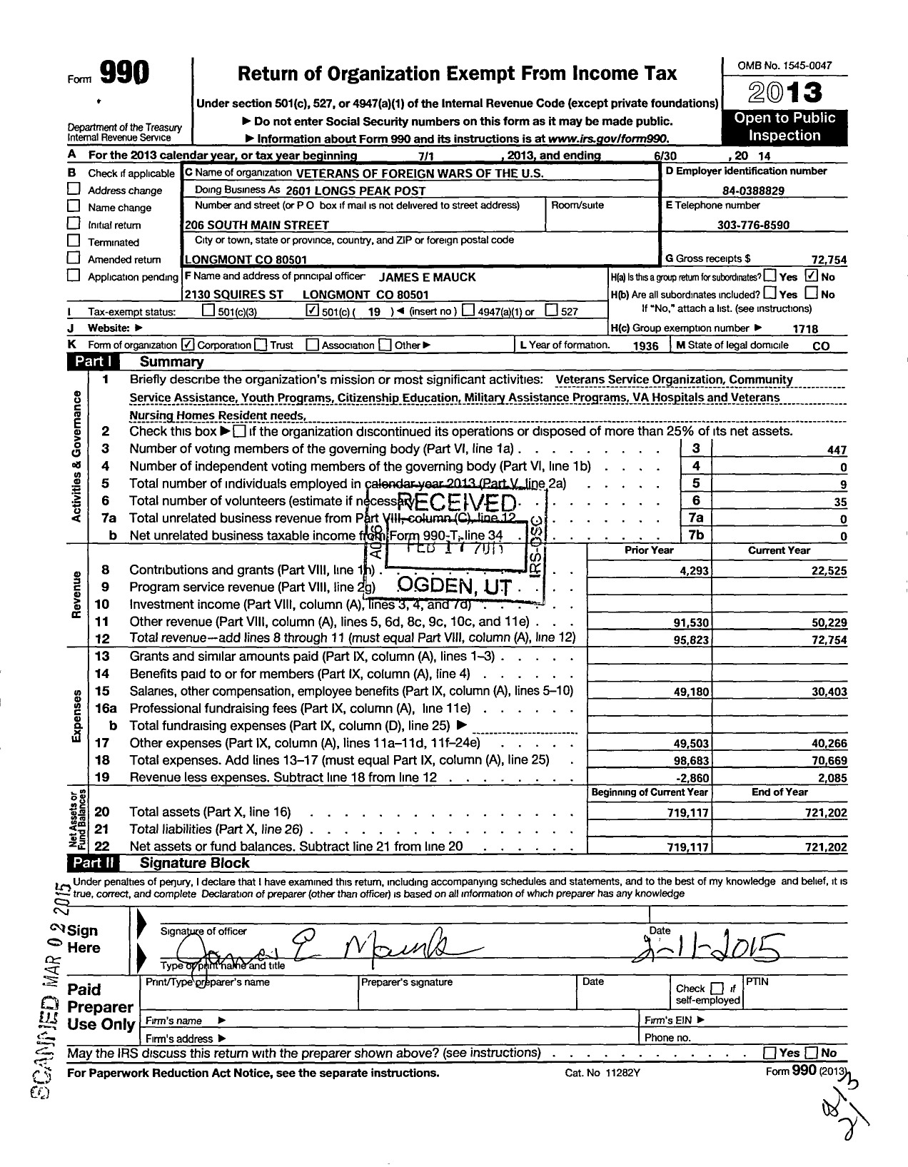 Image of first page of 2013 Form 990O for Veterans of Foreign Wars of the United States Dept of Colorado - 2601 Longs Peak