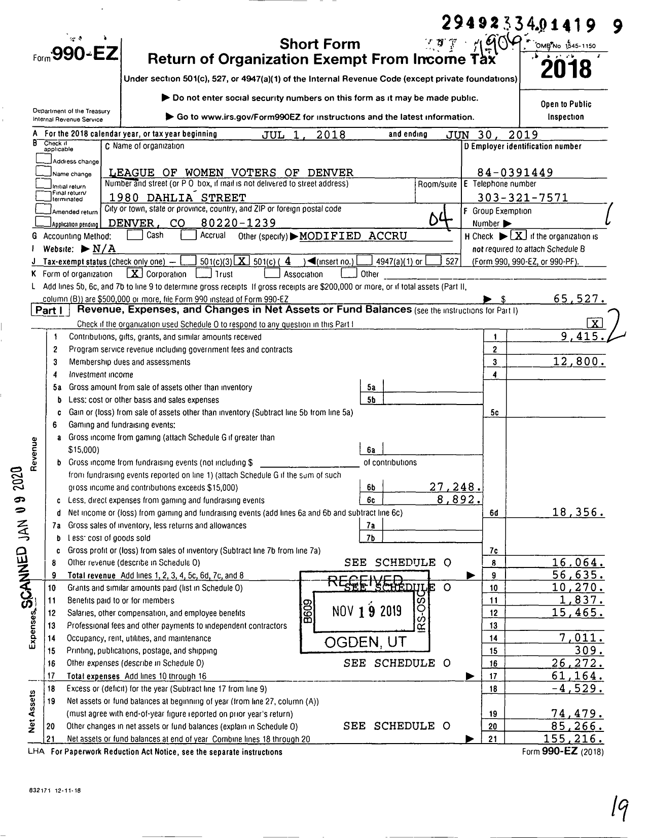 Image of first page of 2018 Form 990EO for League of Women Voters of Denver