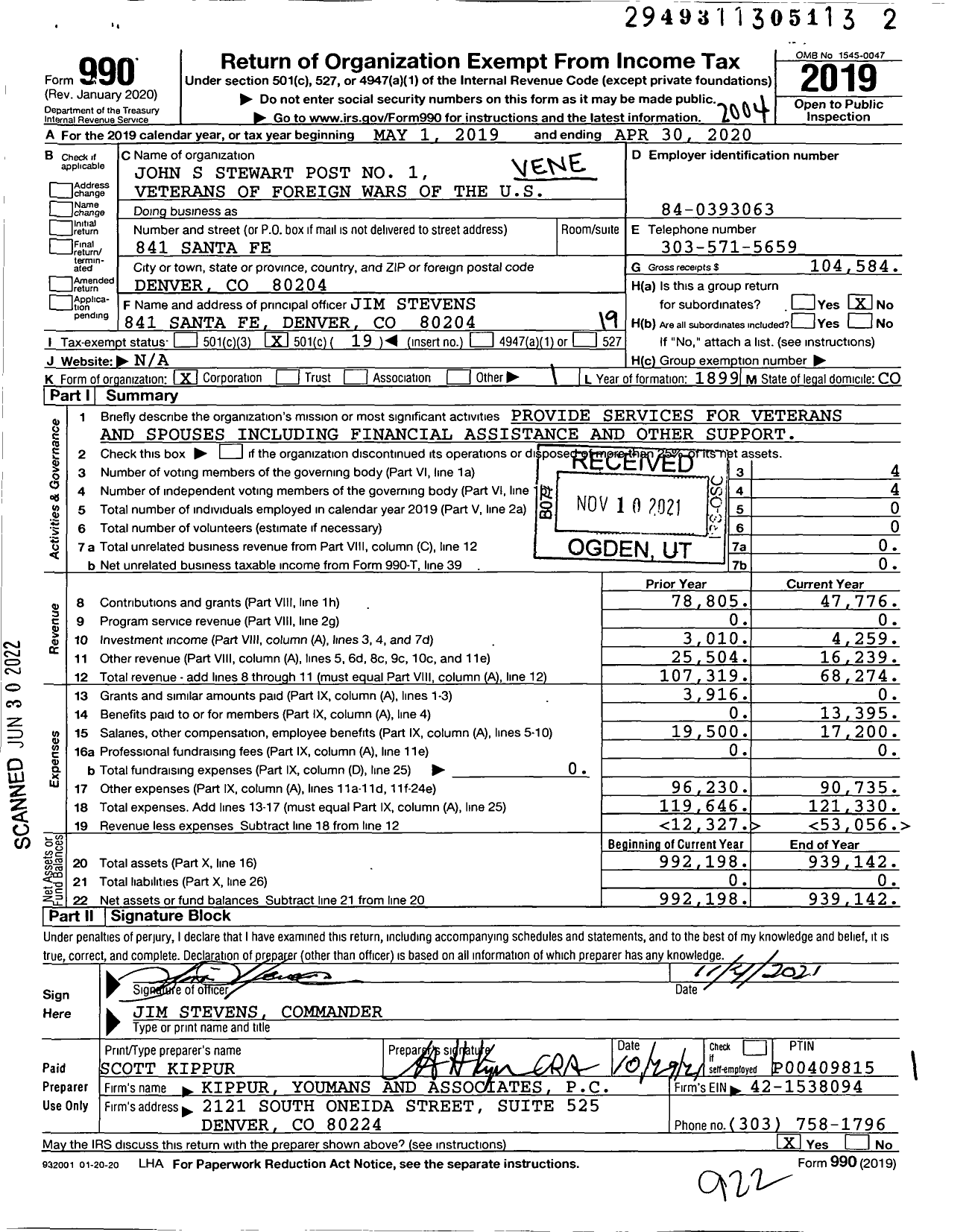 Image of first page of 2019 Form 990O for Veterans of FOREIGN wars of THE UNITED STATES Dept of Colorado - 0001 John S Stewart Post