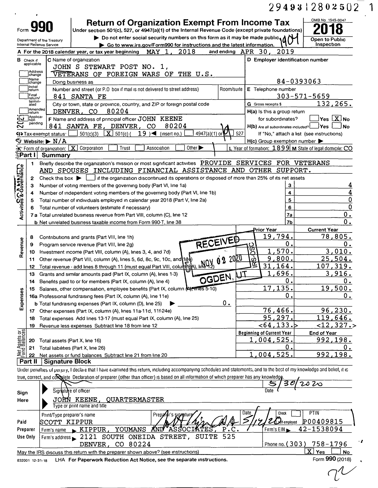 Image of first page of 2018 Form 990O for Veterans of FOREIGN wars of THE UNITED STATES Dept of Colorado - 0001 John S Stewart Post