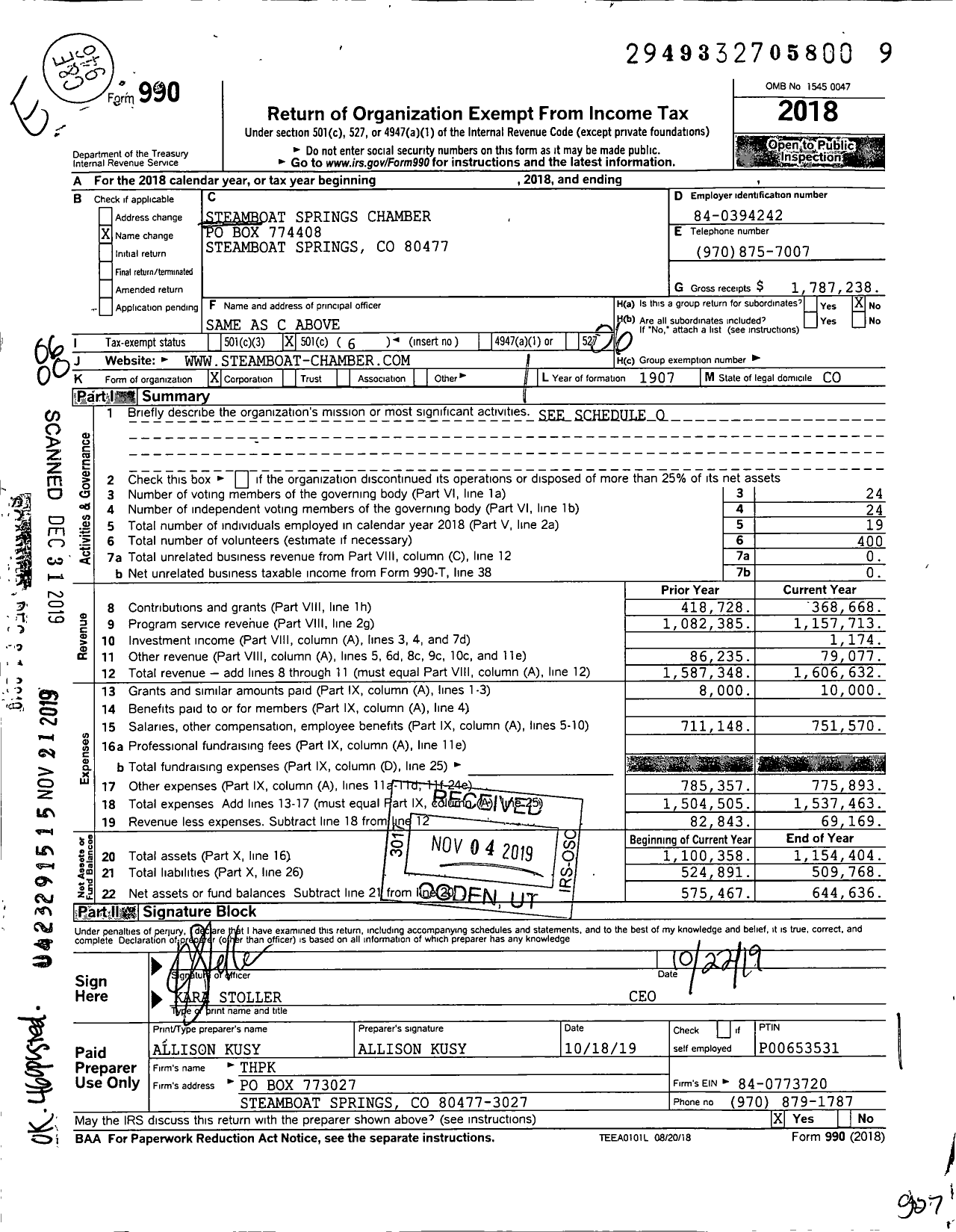 Image of first page of 2018 Form 990O for Steamboat Springs Chamber