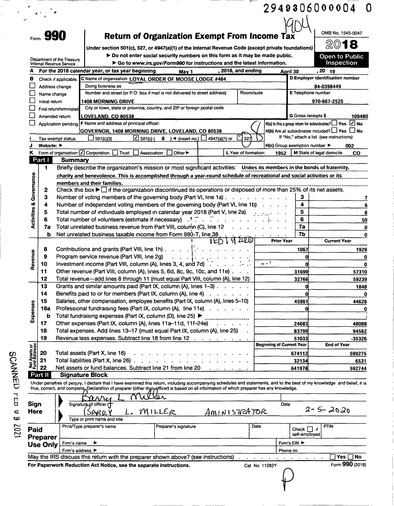 Image of first page of 2018 Form 990O for Loyal Order of Moose - Loyal Order of Moose Lodge 484