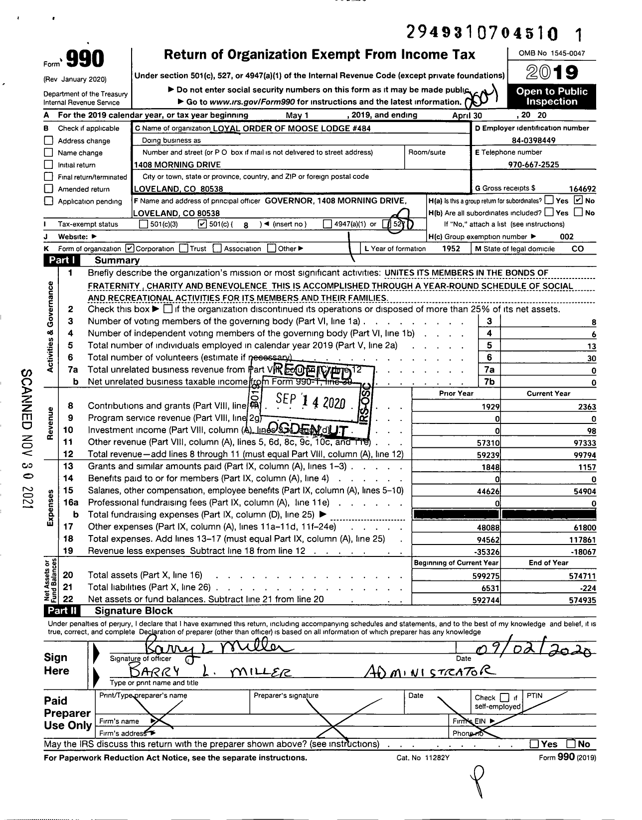 Image of first page of 2019 Form 990O for Loyal Order of Moose - Loyal Order of Moose Lodge 484