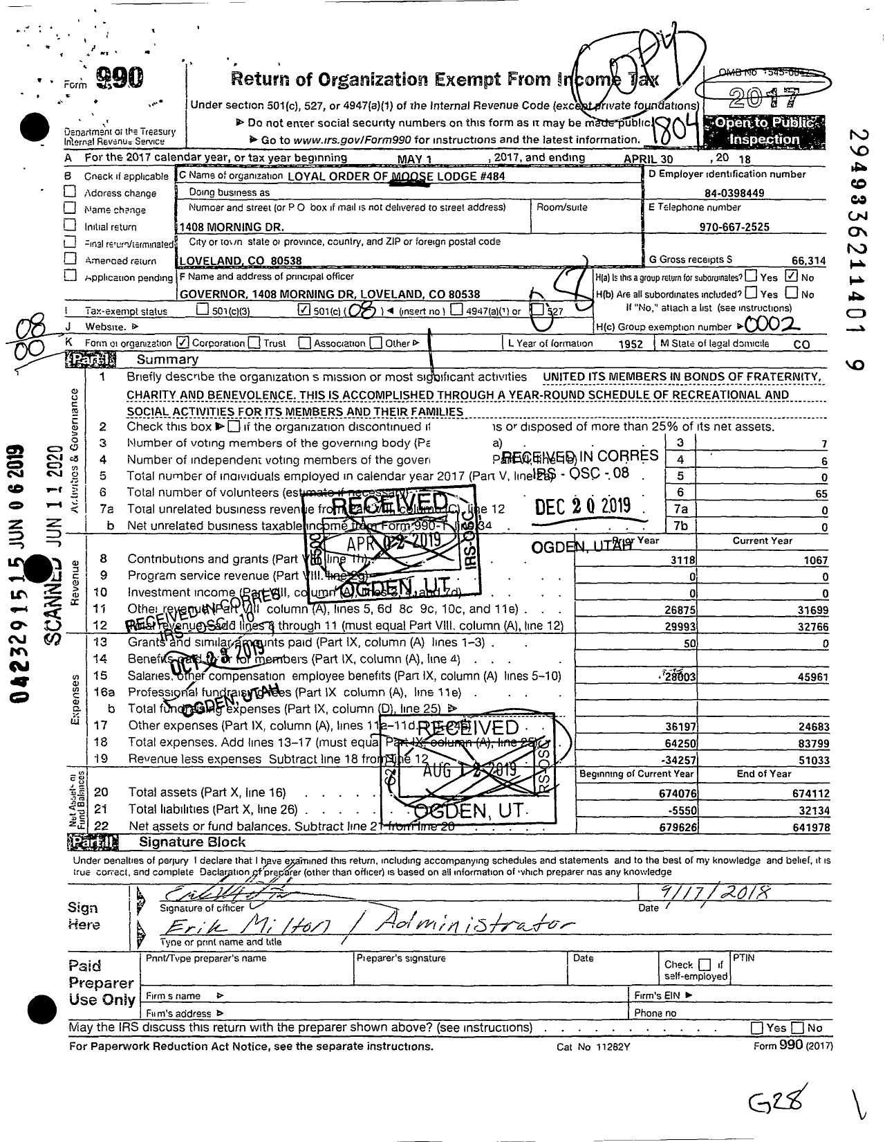 Image of first page of 2017 Form 990O for Loyal Order of Moose - Loyal Order of Moose Lodge 484