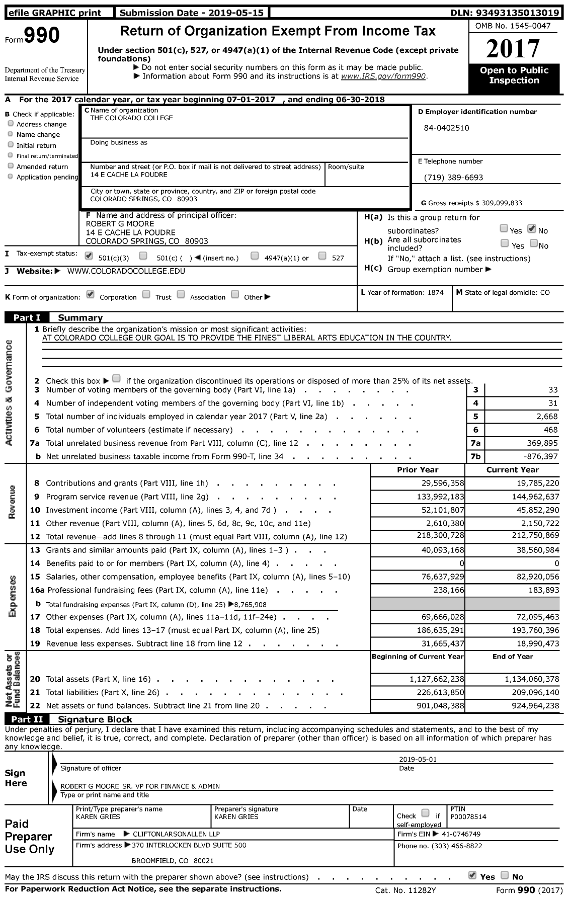 Image of first page of 2017 Form 990 for The Colorado College