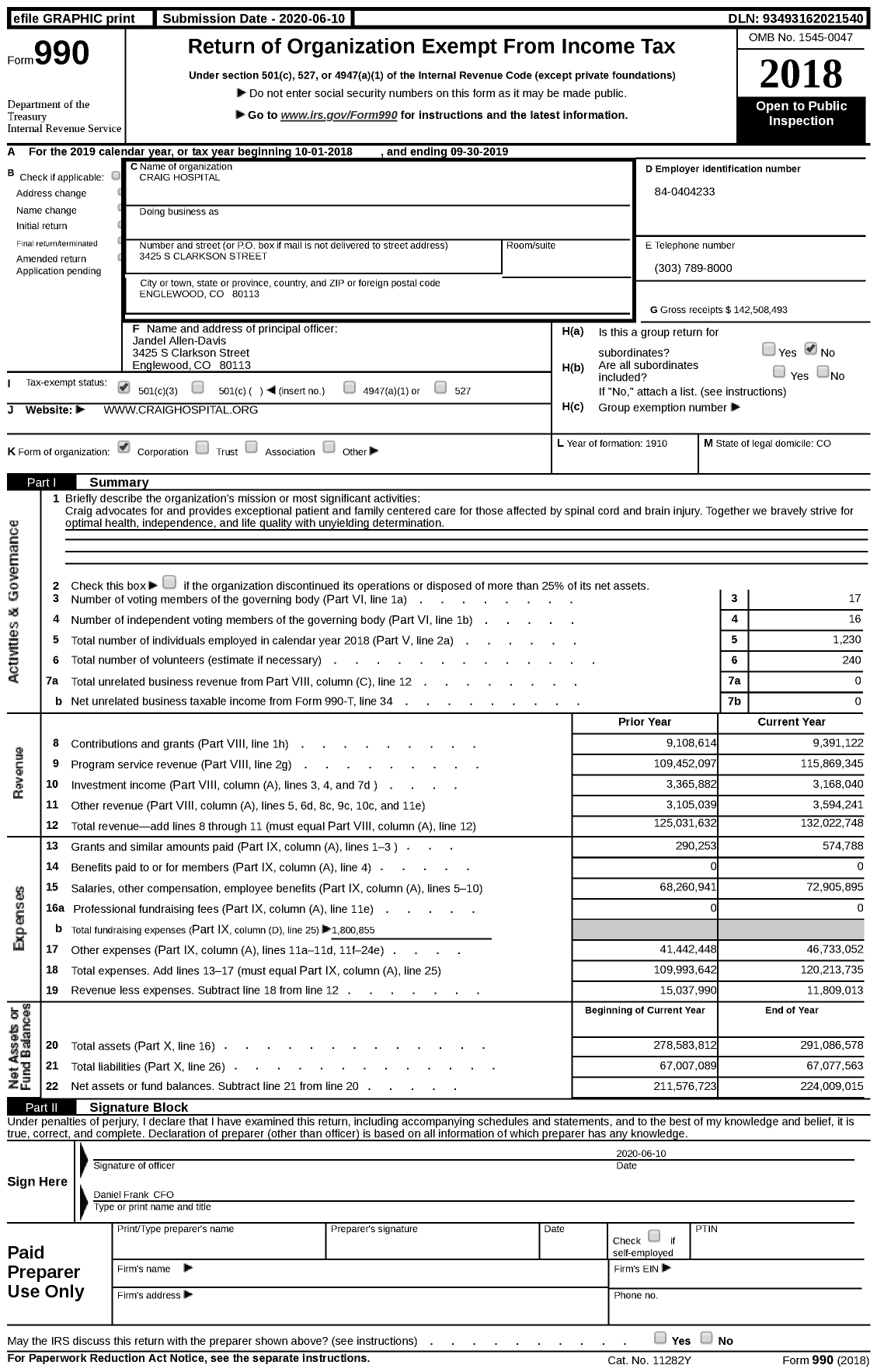 Image of first page of 2018 Form 990 for Craig Hospital