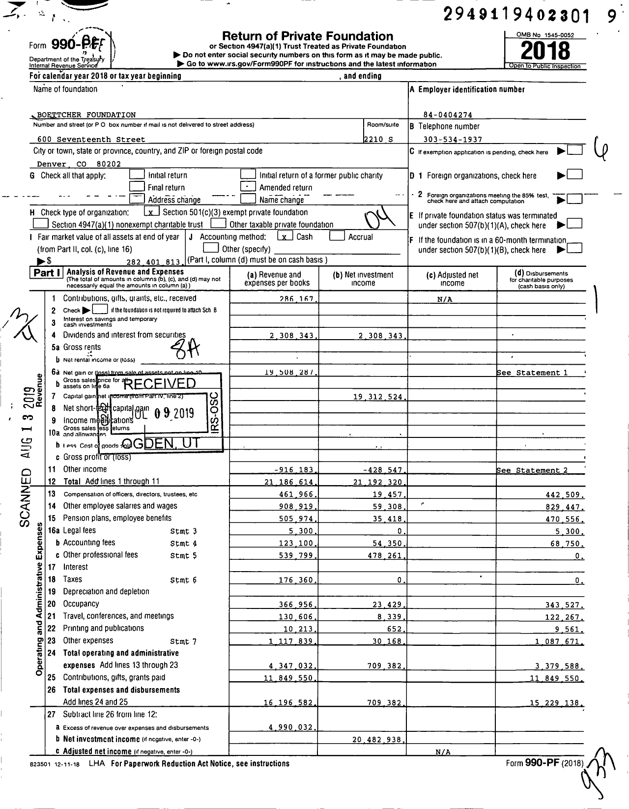 Image of first page of 2018 Form 990PF for Boettcher Foundation
