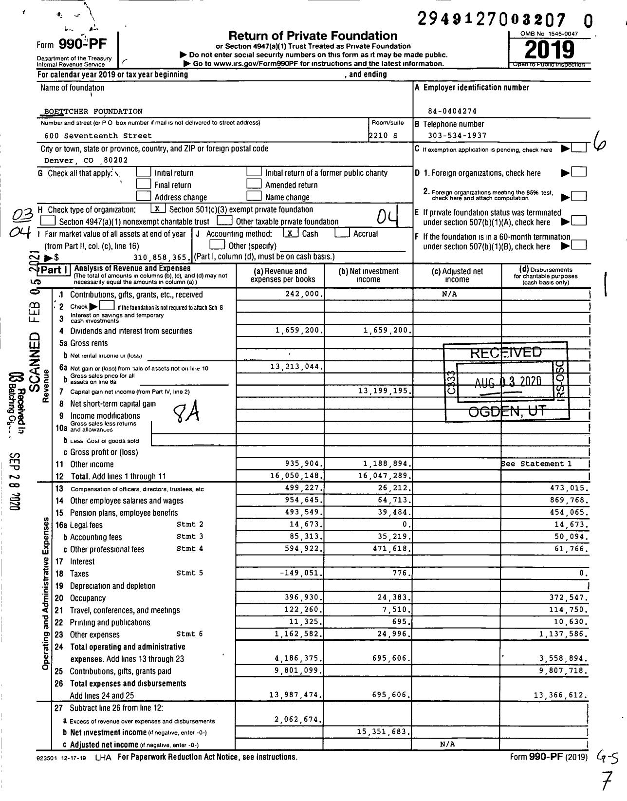 Image of first page of 2019 Form 990PF for Boettcher Foundation