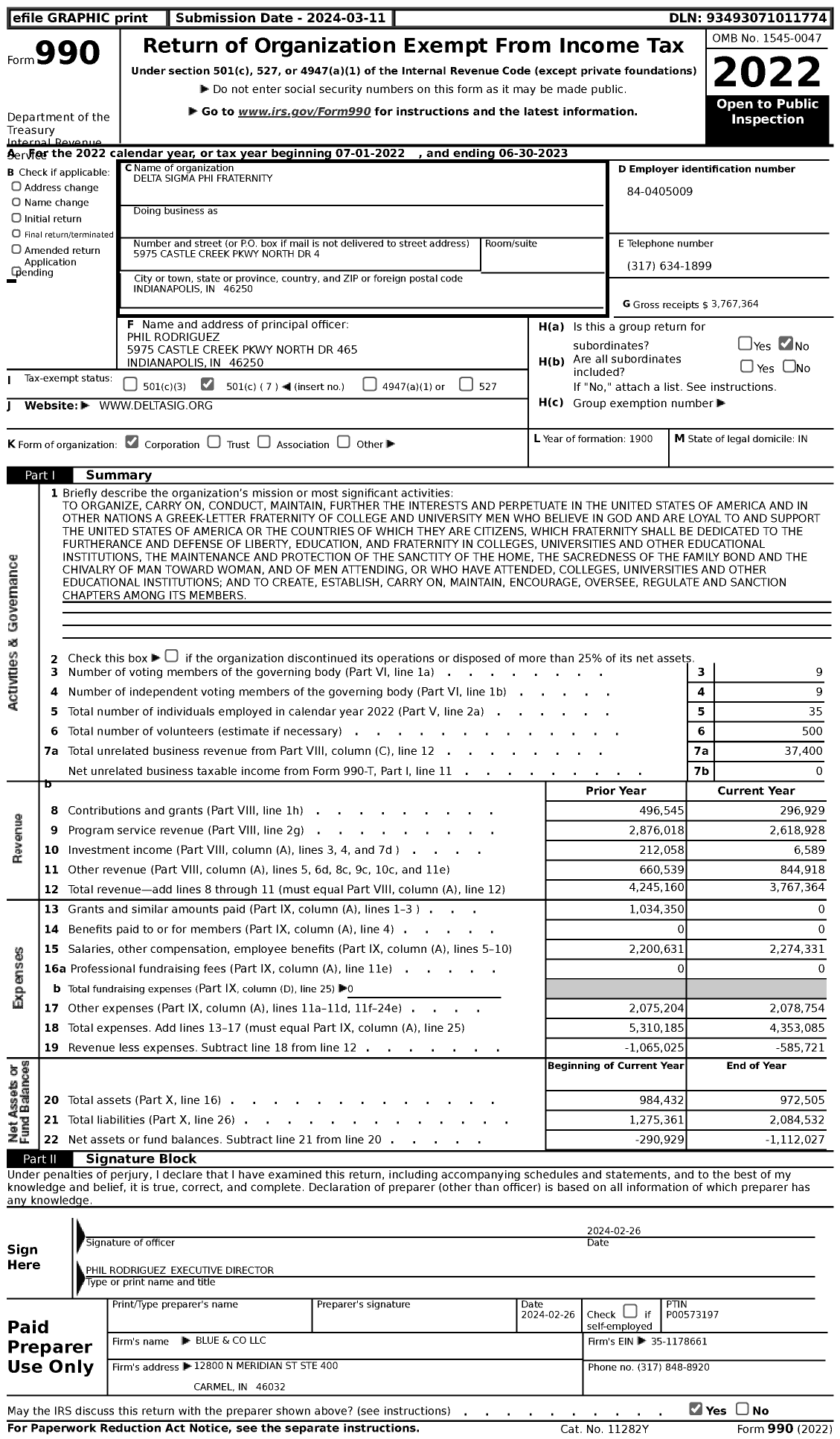 Image of first page of 2022 Form 990 for Delta Sigma Phi Fraternity