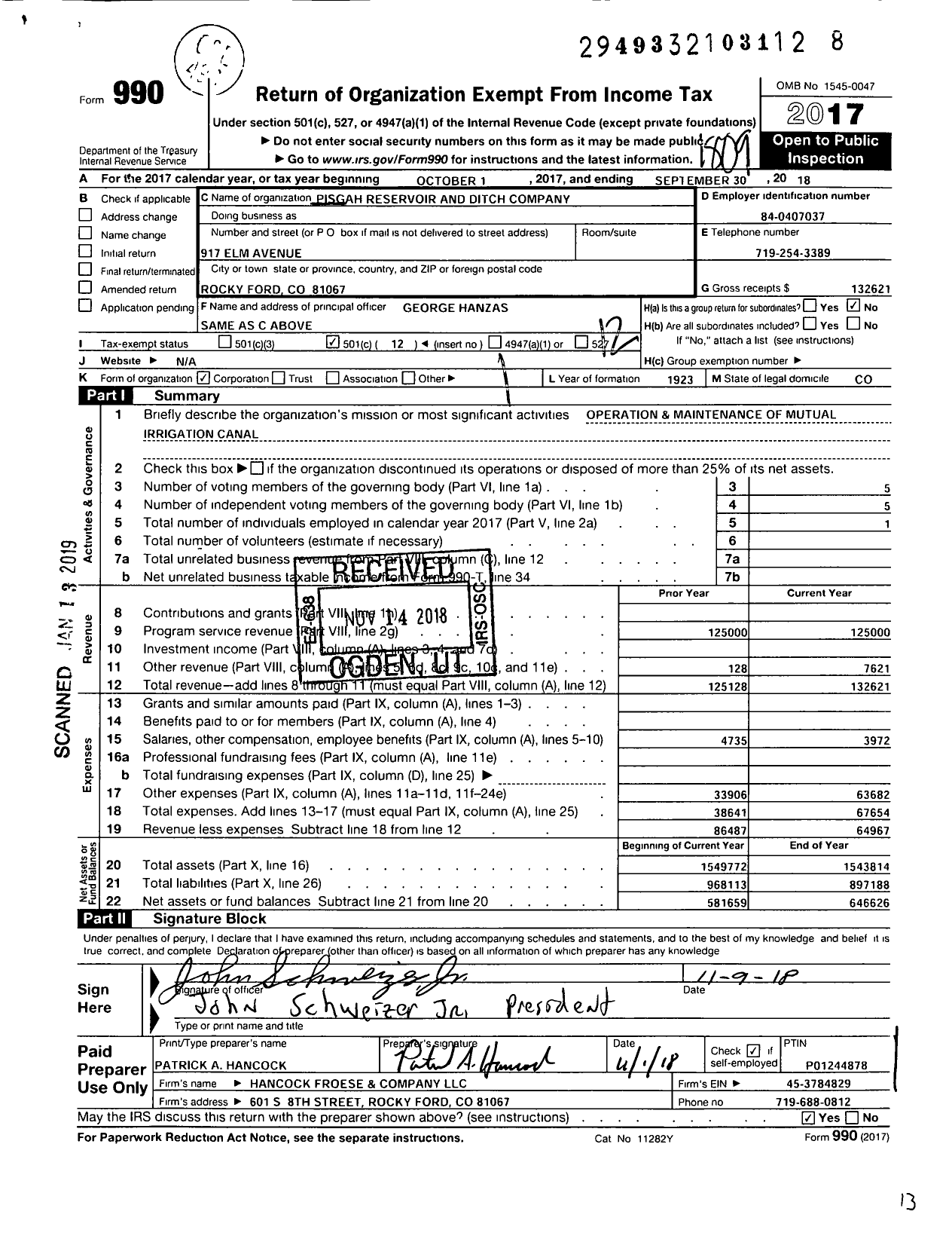 Image of first page of 2017 Form 990O for Pisgah Reservoir and Ditch Company