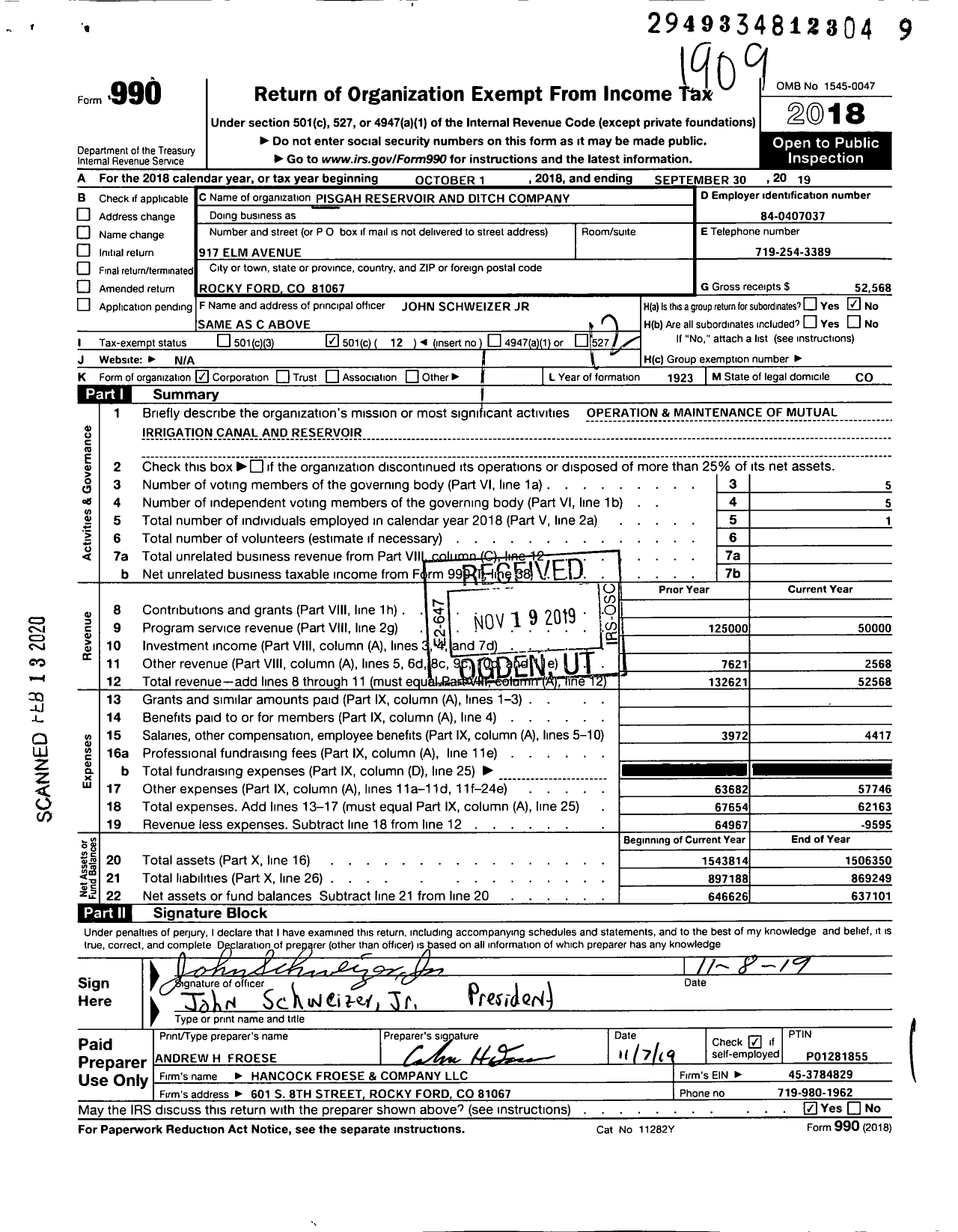 Image of first page of 2018 Form 990O for Pisgah Reservoir and Ditch Company