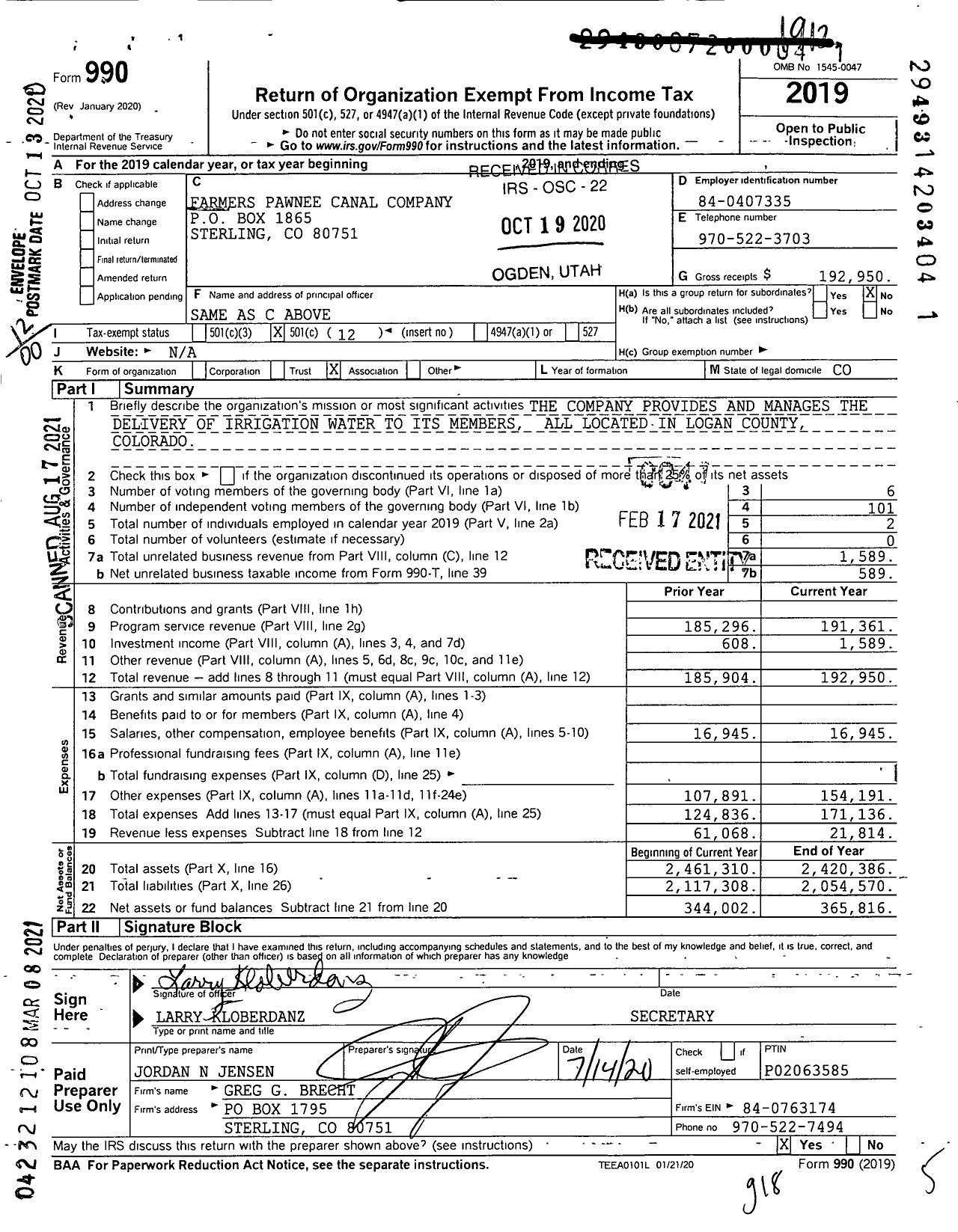 Image of first page of 2019 Form 990O for Farmers Pawnee Canal Company