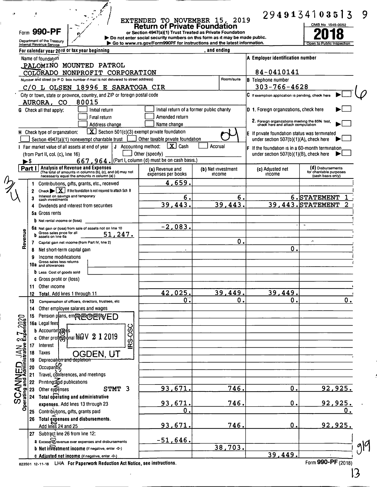 Image of first page of 2018 Form 990PF for Palomino Mounted Patrol Colorado Nonprofit Corporation