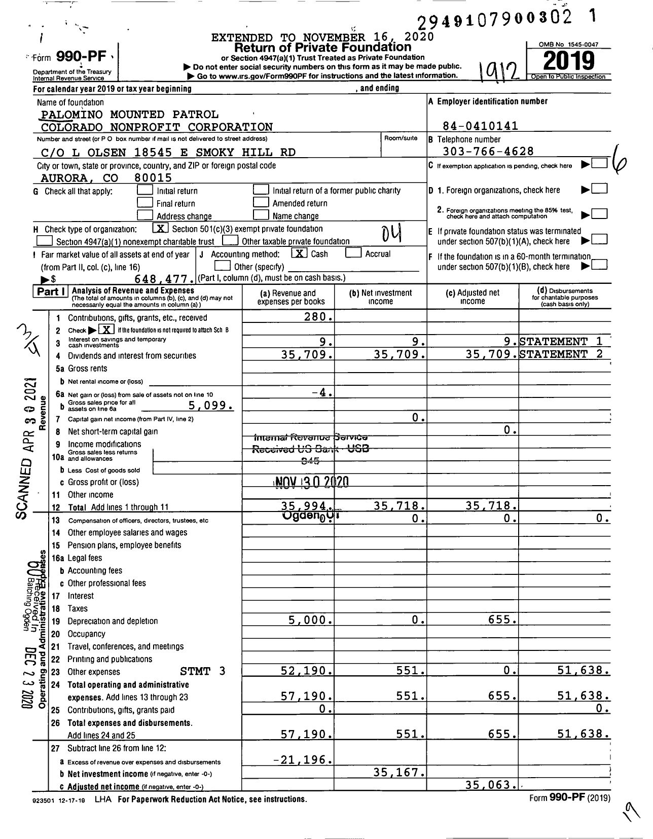 Image of first page of 2019 Form 990PF for Palomino Mounted Patrol Colorado Nonprofit Corporation